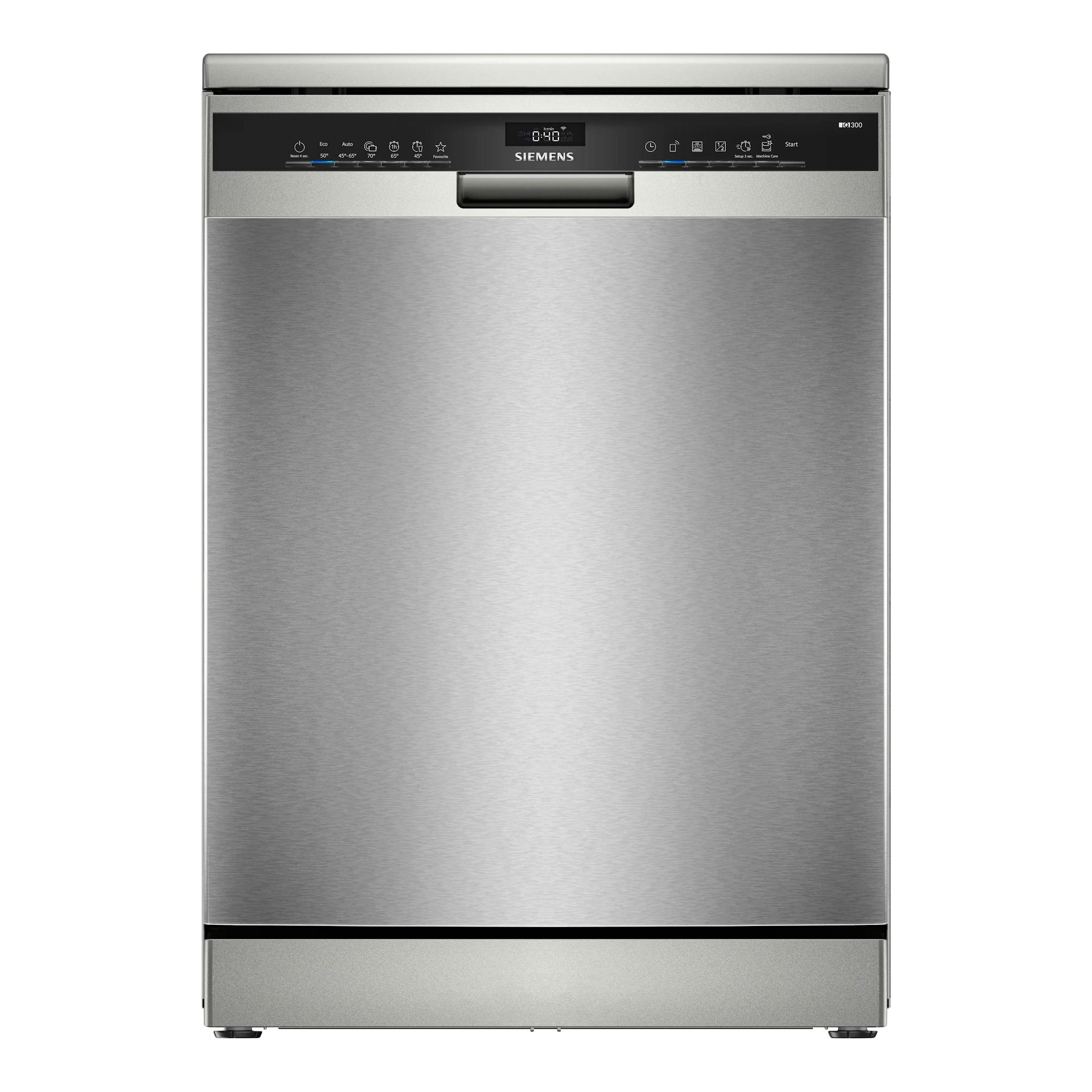 Lavavajillas Siemens SN23HI05ME de acero inoxidable, vista frontal, con panel de control superior.
