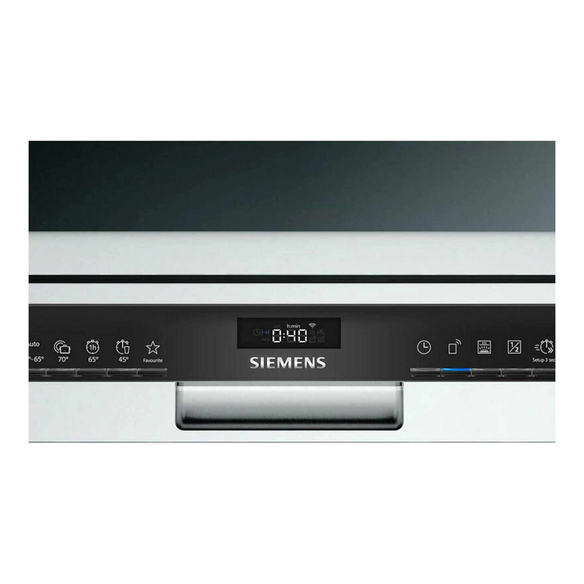 Lavavajillas Siemens SN23HW02ME empotrado, frontal blanco con panel negro y display digital.