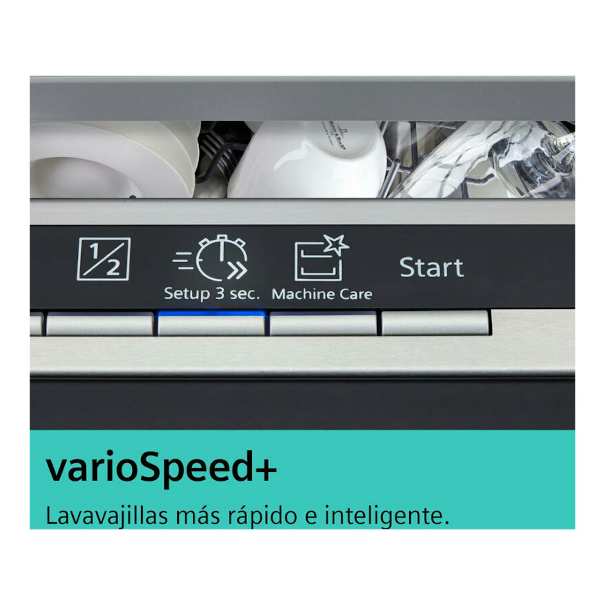 Lavavajillas Siemens con panel negro y acero, botones 1/2, Setup 3 sec., Machine Care, Start y varioSpeed+