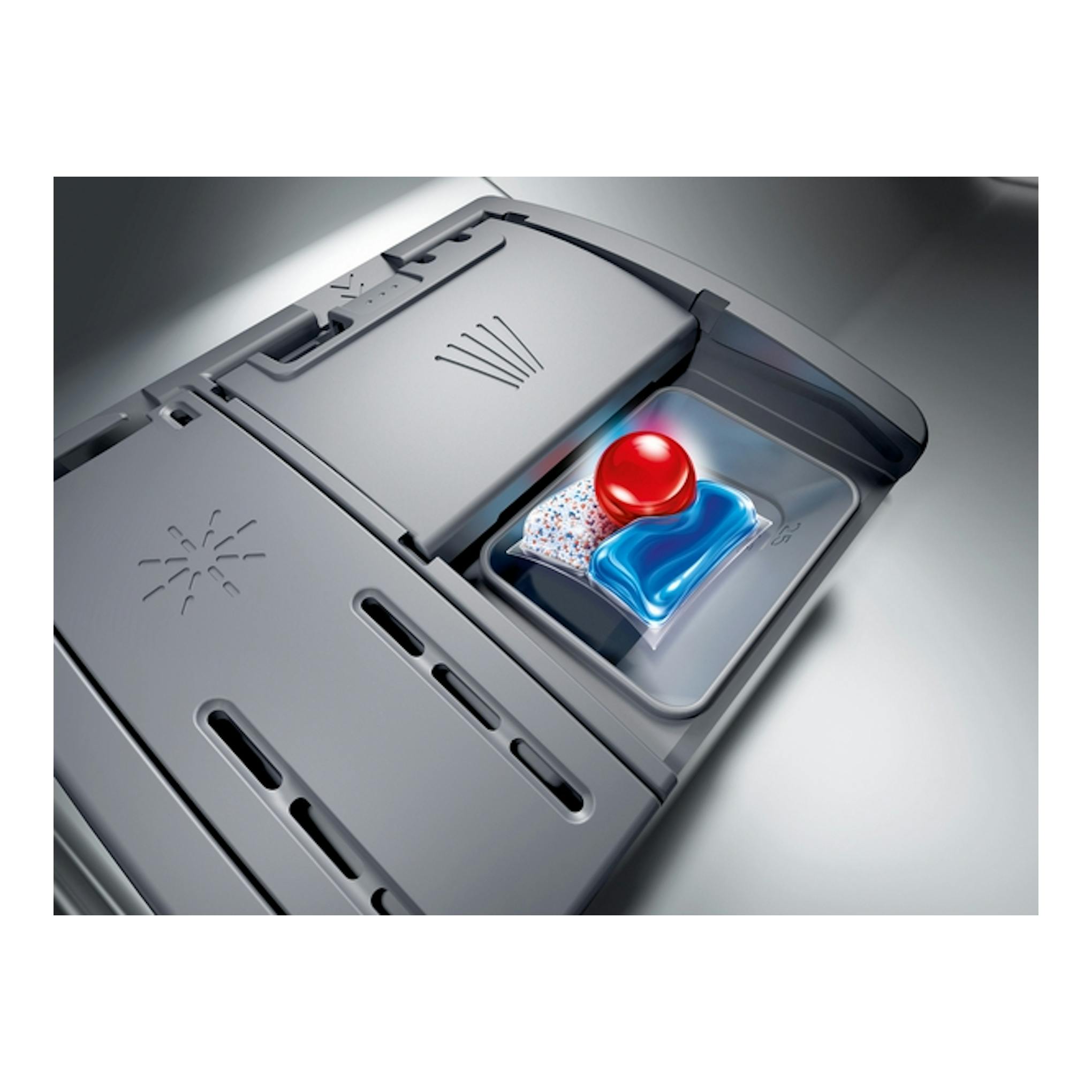 Siemens SN23HW05ME: primer plano en ángulo del dispensador con pastilla de detergente y gel rojo y azul.