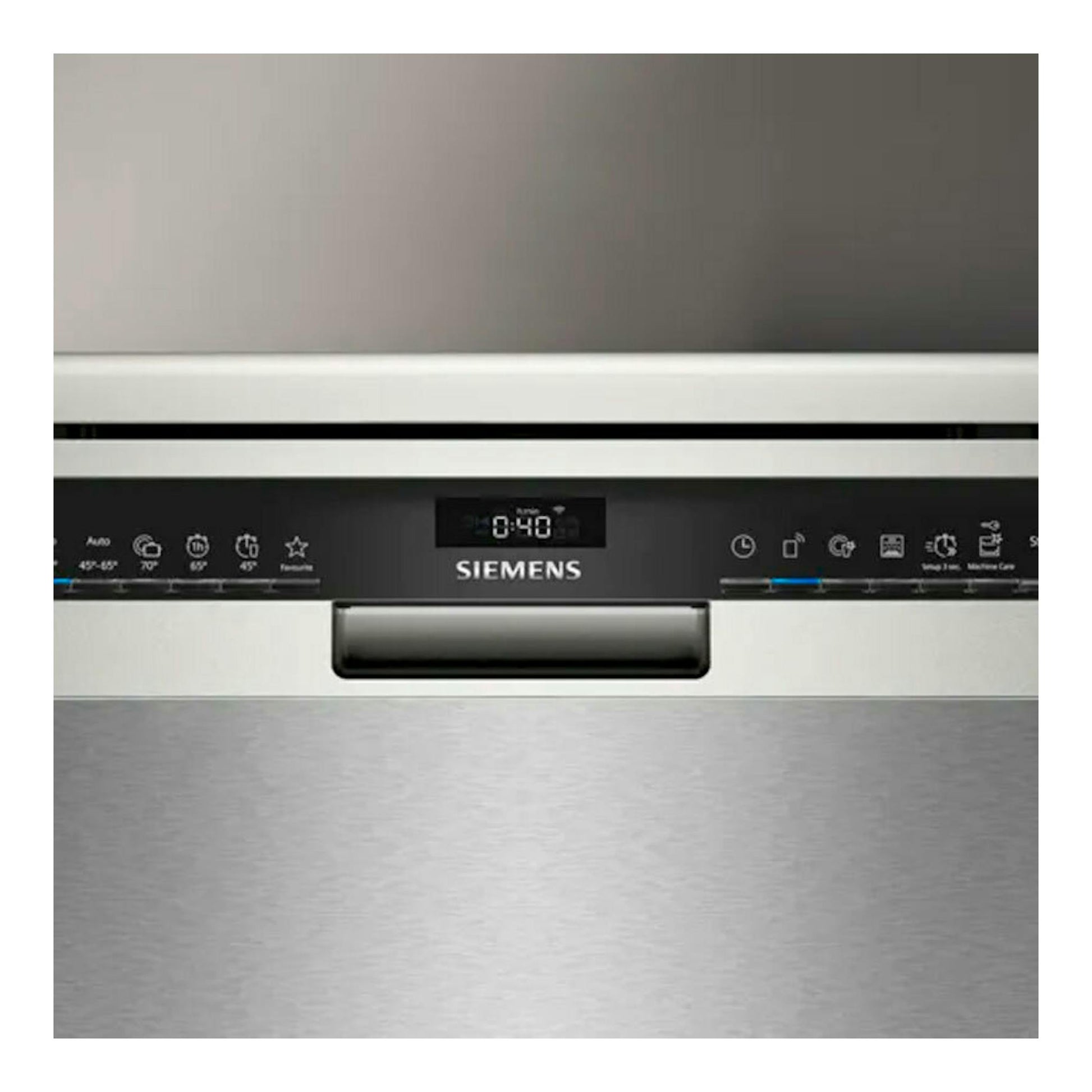 Lavavajillas Siemens SN25ZI08CE inox, vista frontal, con panel de control digital y puerta de acero inoxidable.