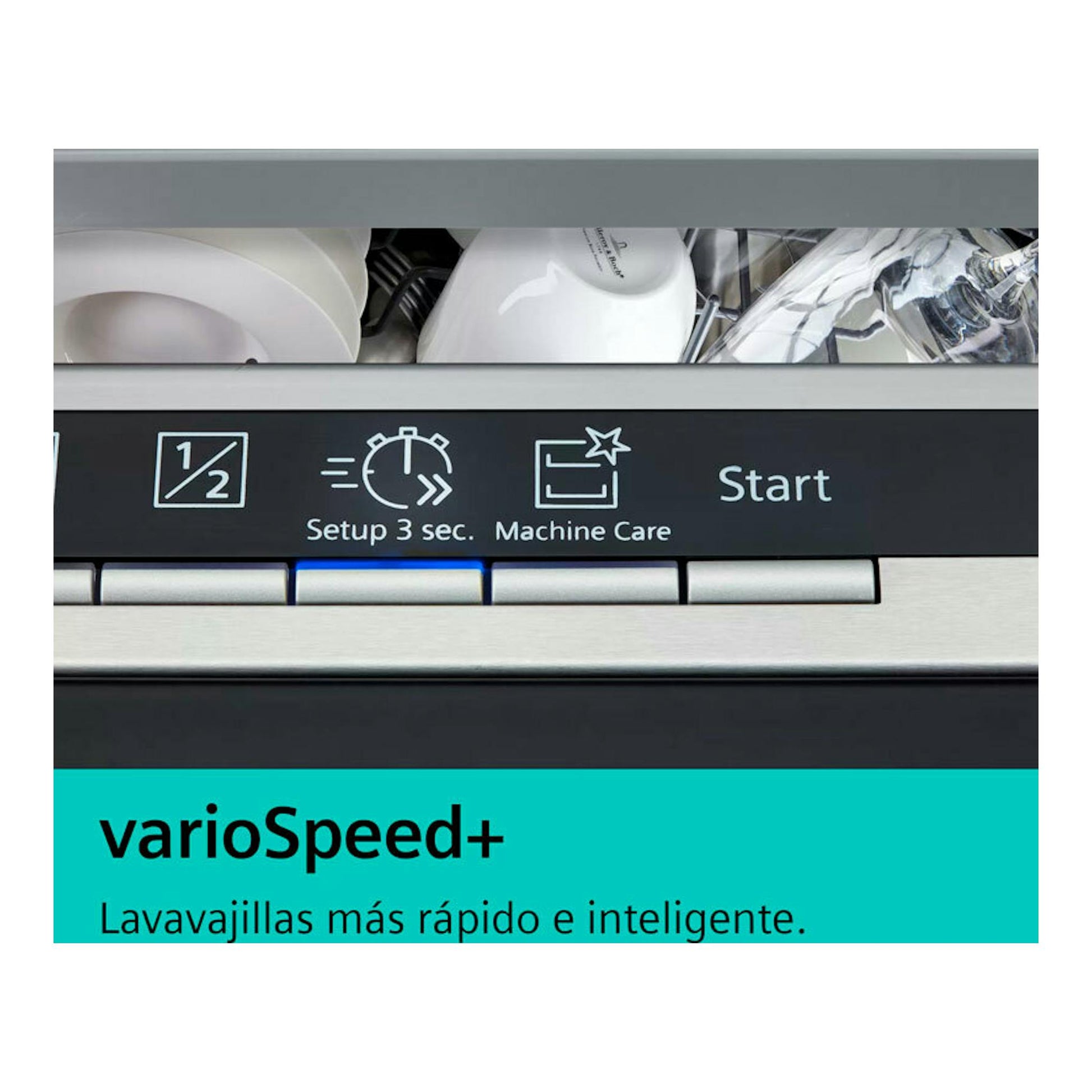 Lavavajillas Siemens SN25ZI08CE inox, vista frontal del panel de control con varioSpeed+ y botón Start.