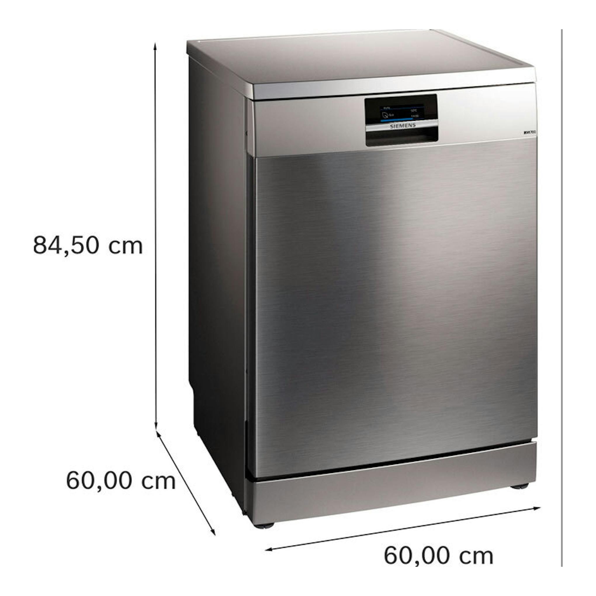 Lavavajillas Siemens SN27TI02CE de acero inoxidable, vista frontal en ángulo, 84,5 x 60 x 60 cm.