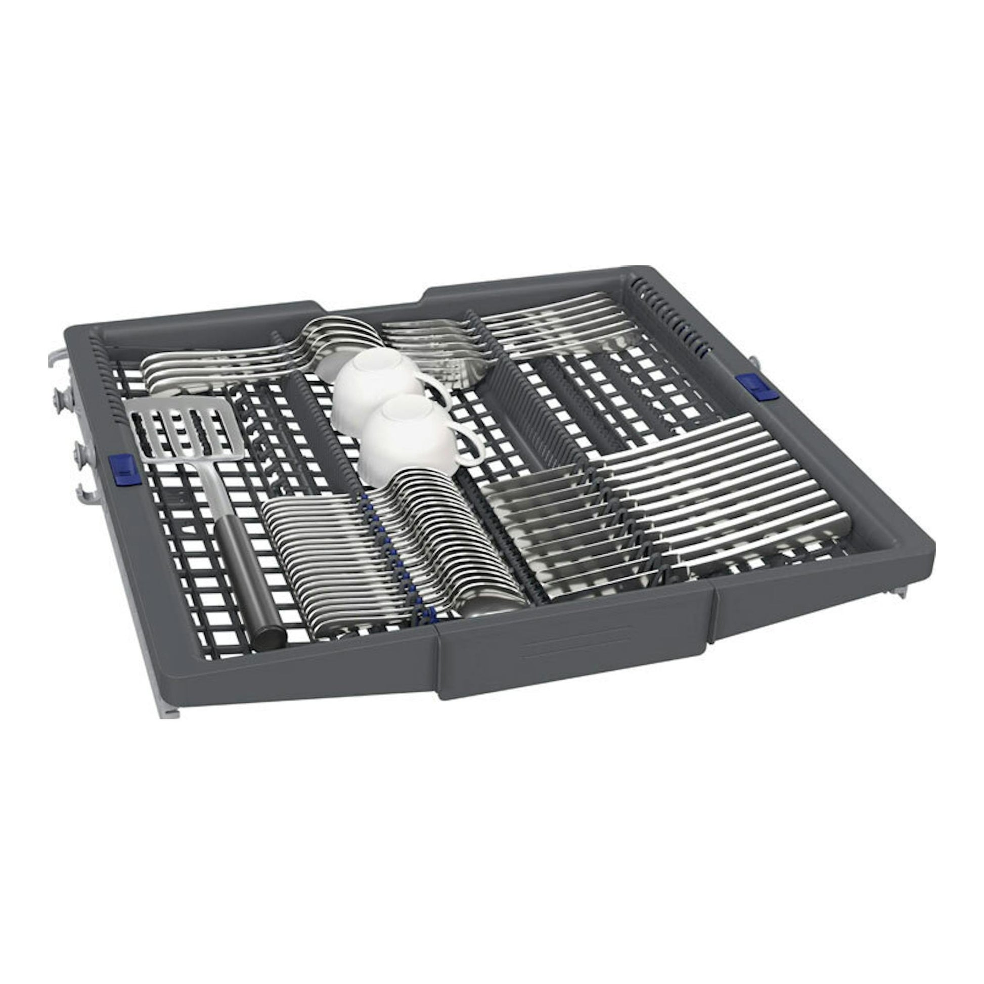 Siemens SN27TI02CE: cesto gris para cubiertos y vajilla, vista en perspectiva sobre fondo blanco.