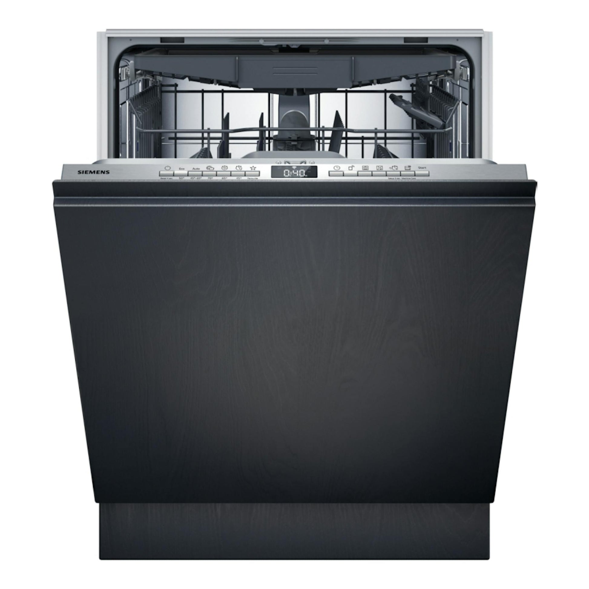 Lavavajillas Siemens SN63HX03VE integrable, vista frontal, puerta abierta y panel negro.