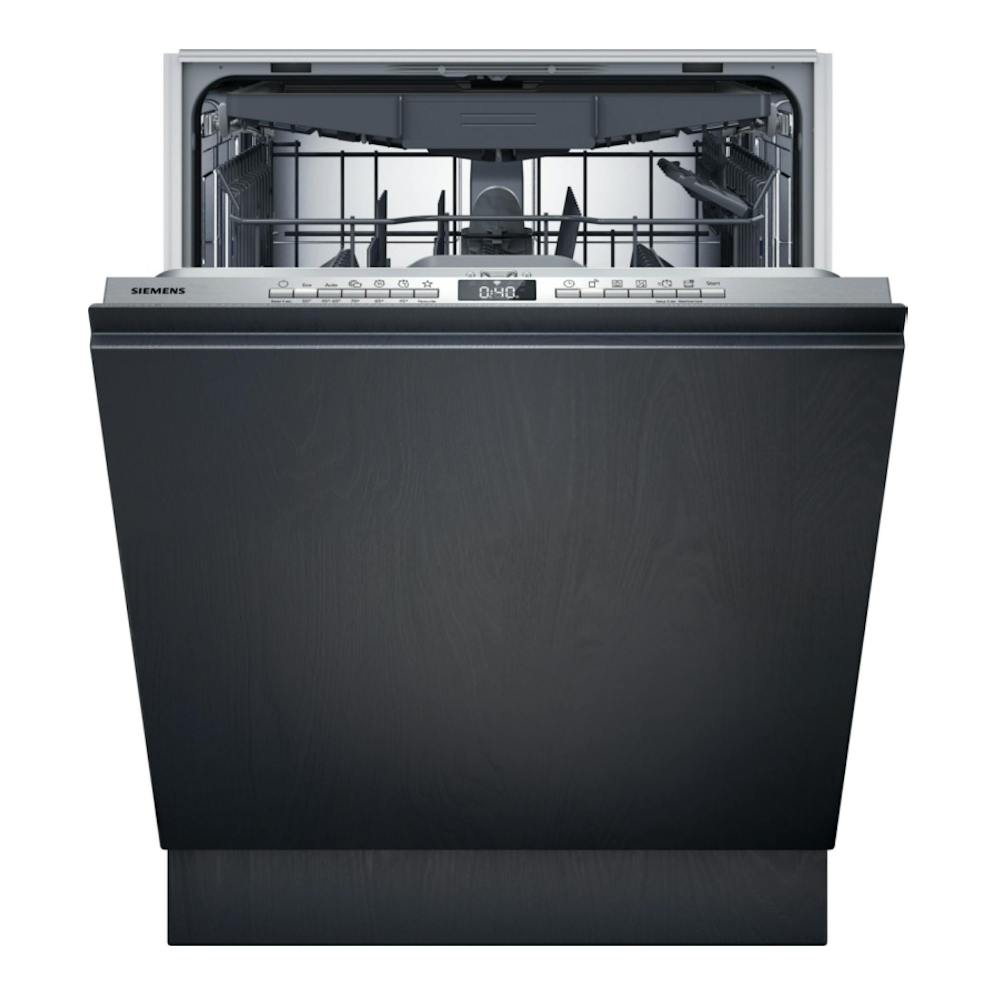 Lavavajillas Siemens SN63HX03VE integrable, vista frontal, puerta abierta y panel negro.