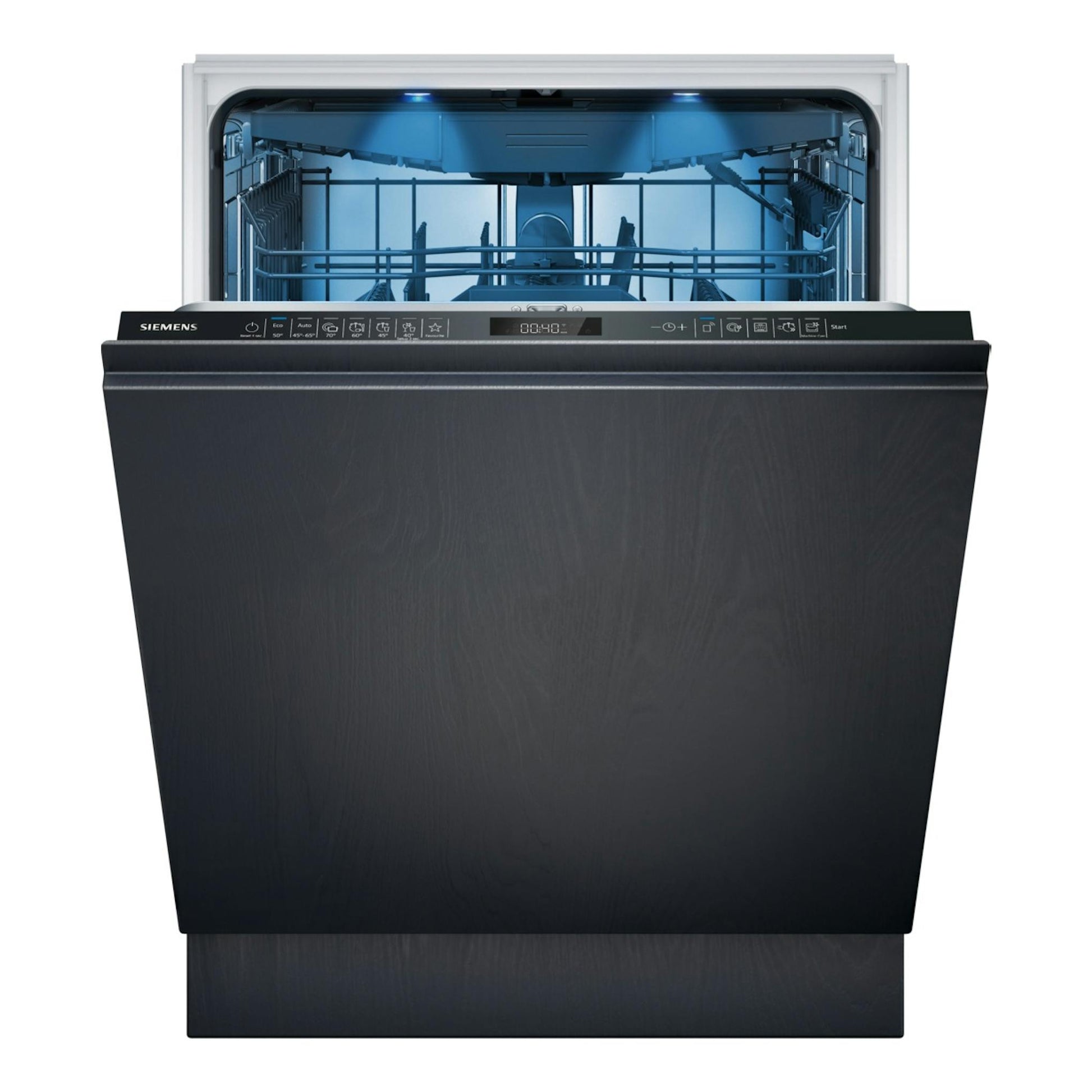 Lavavajillas integrado Siemens SX65ZX17CE, frontal negro abierto con cesta interior iluminada.