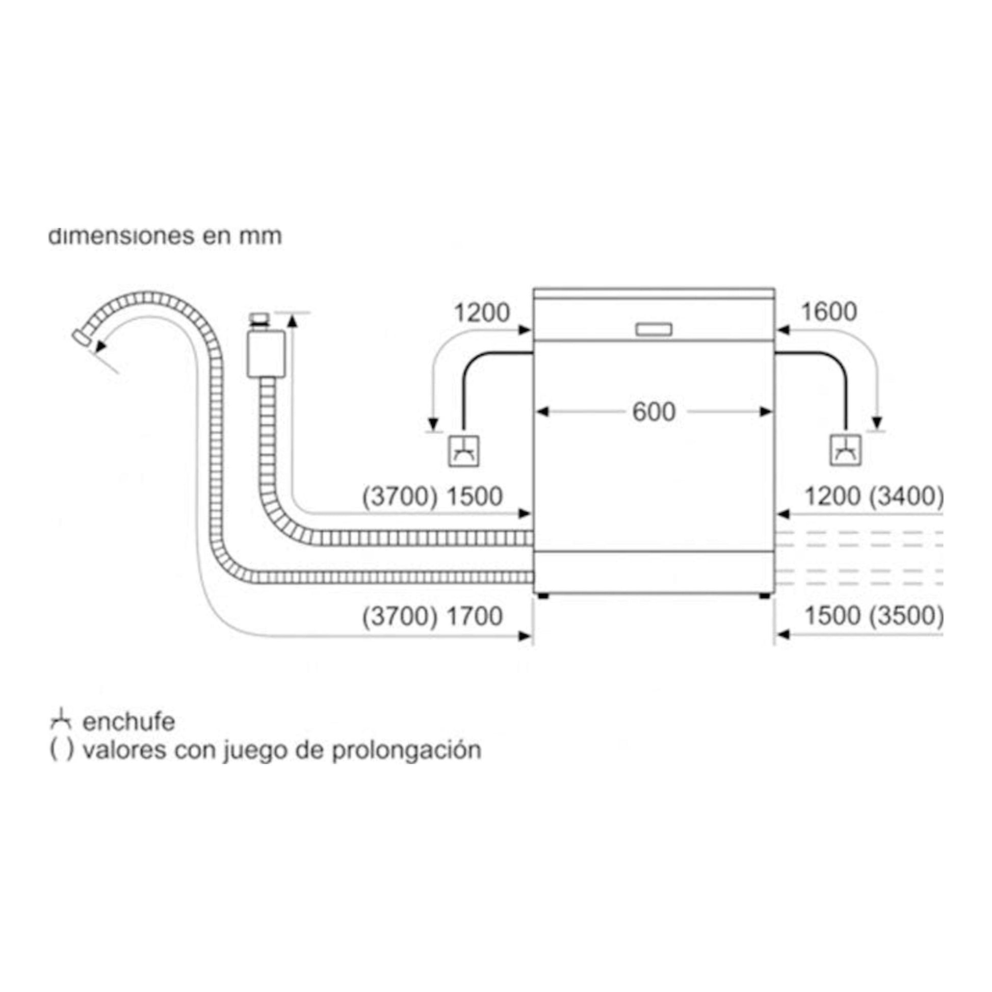 Esquema frontal de lavavajillas Siemens SN23HW00KE con medidas y conexiones en mm.