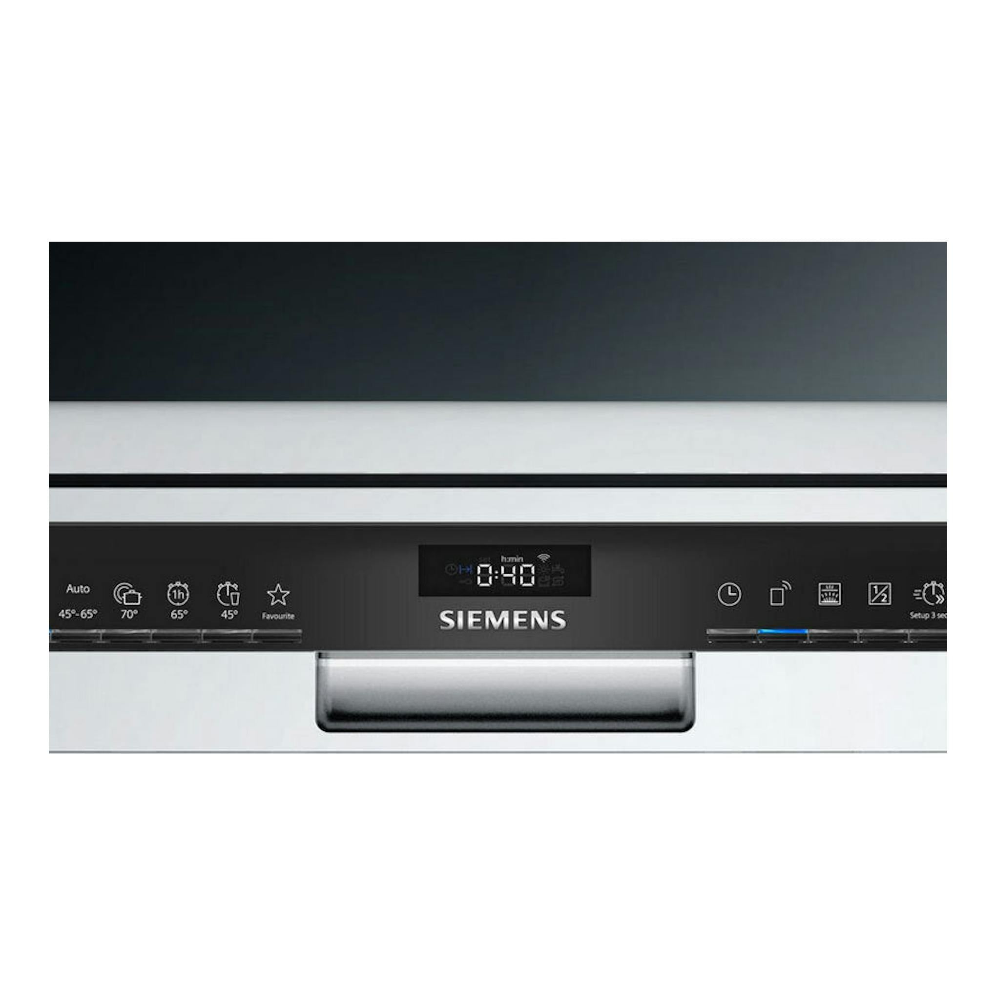 Lavavajillas Siemens SN23HW00KE integrado, frontal blanco con panel negro y pantalla digital.