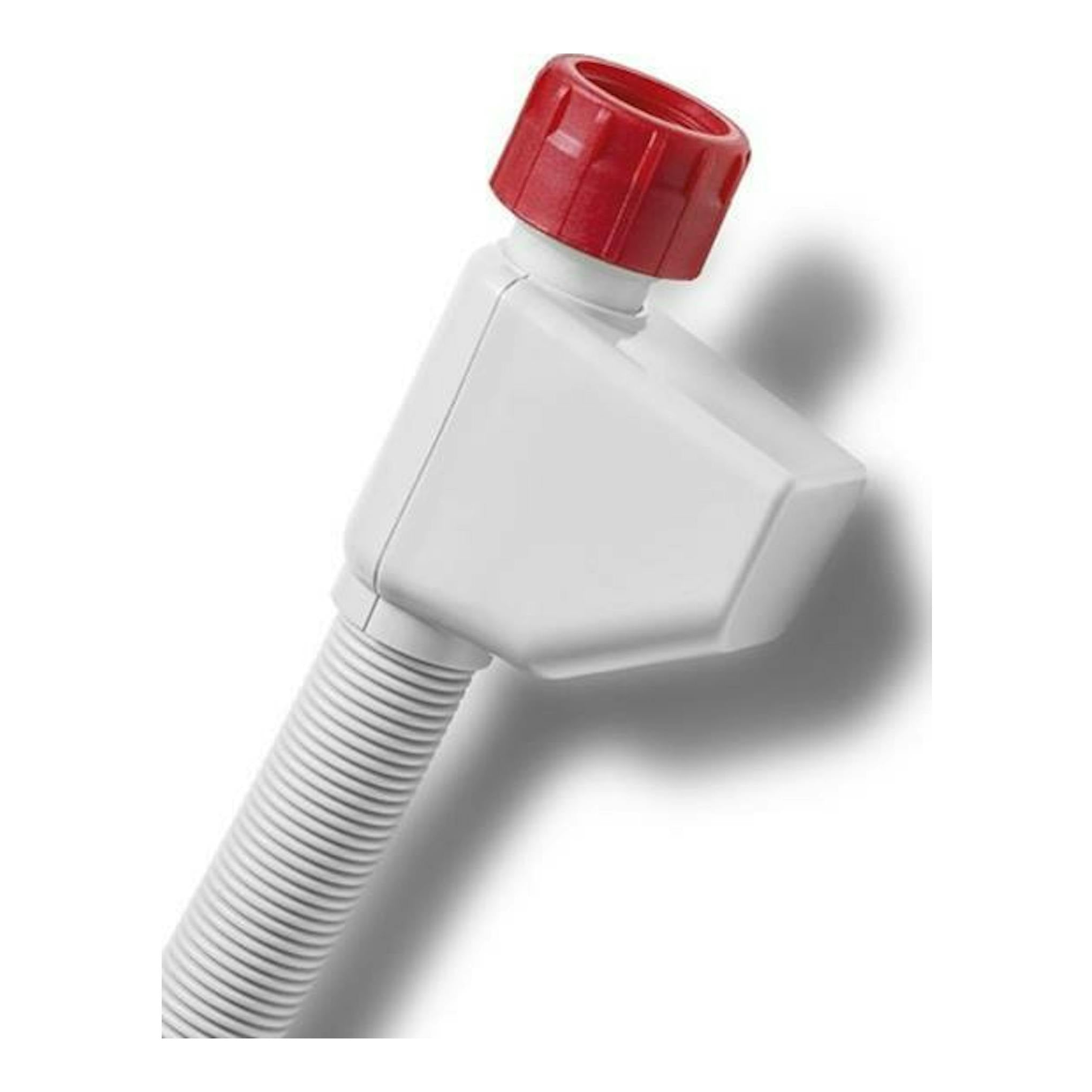 Conector blanco con tapa roja y tubo corrugado, vista frontal sobre fondo blanco.
