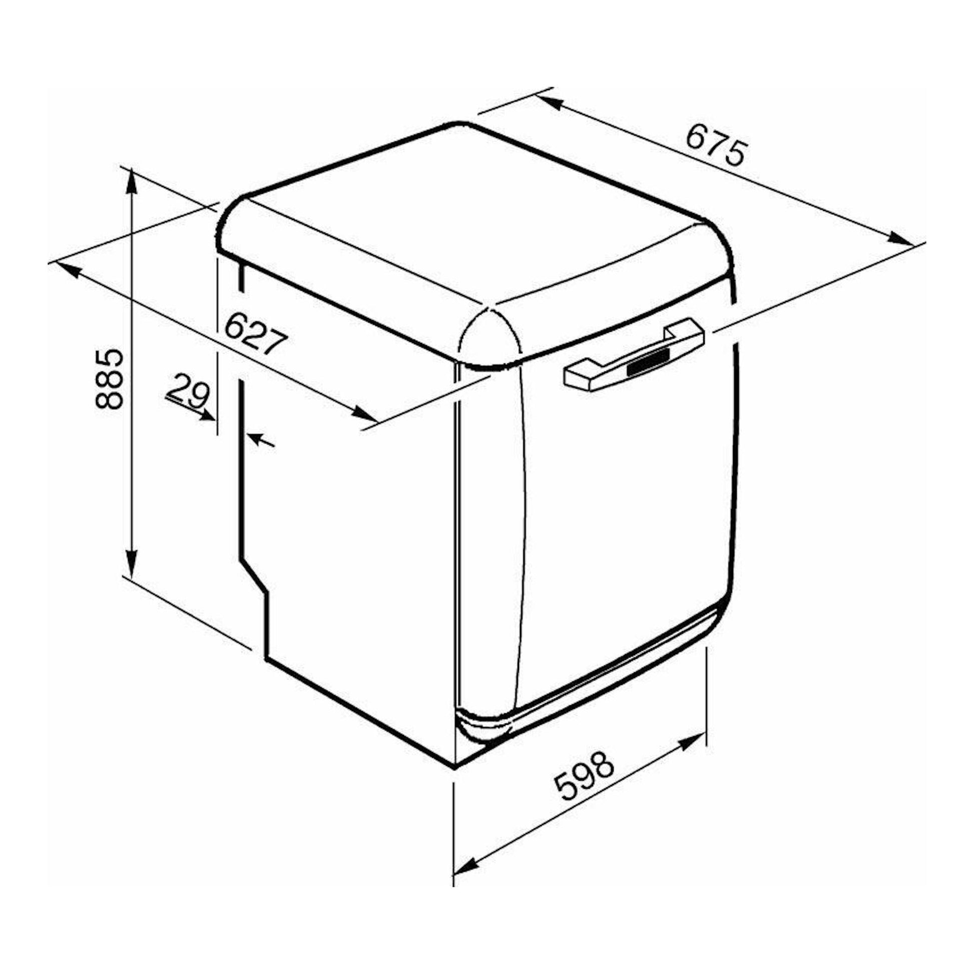 Lavavajillas Smeg LVFABBL3, dibujo técnico en perspectiva, blanco y negro, con medidas 675×885×598 mm.