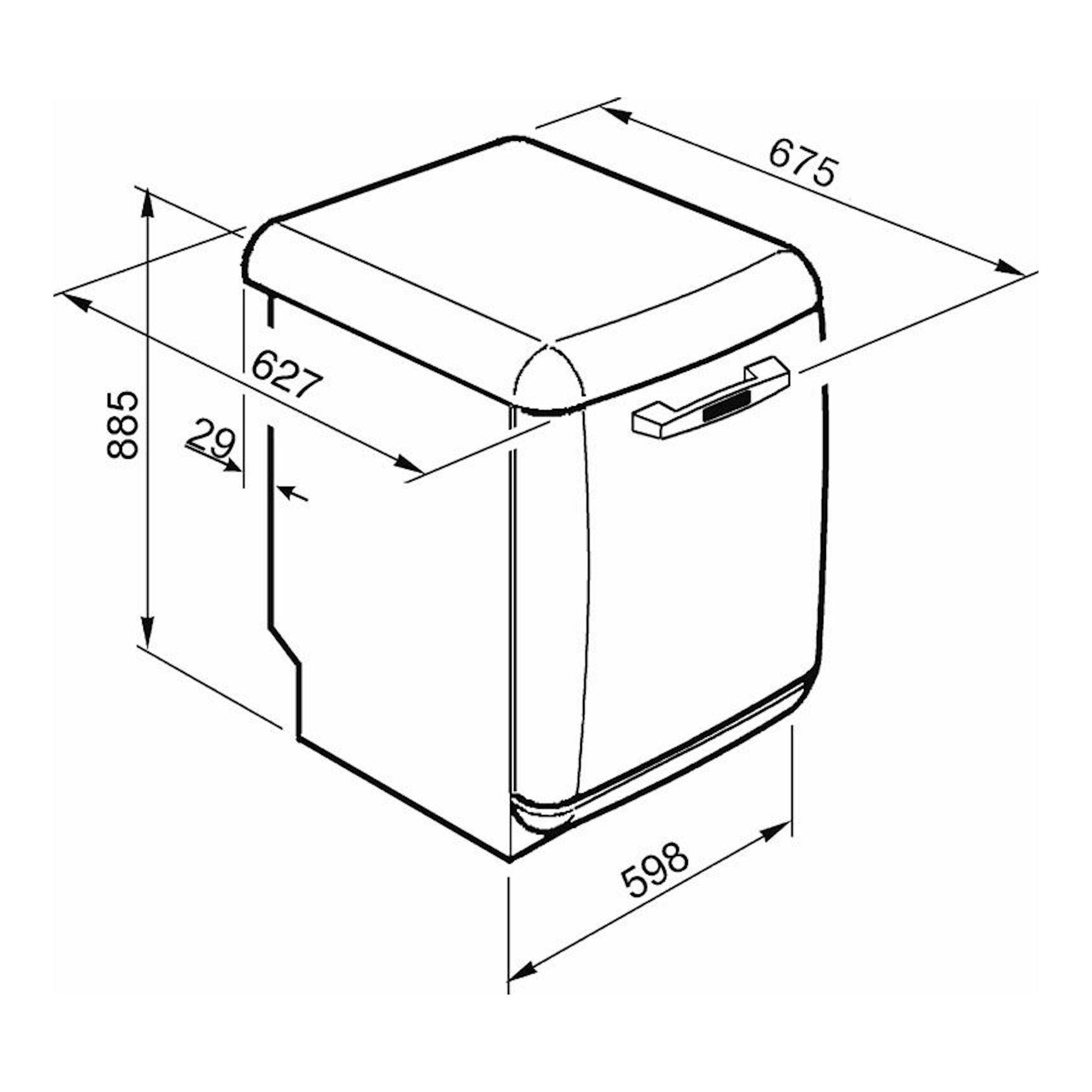 Esquema técnico en blanco y negro del lavavajillas Smeg LVFABCR3 de 60 cm, vista isométrica con medidas.
