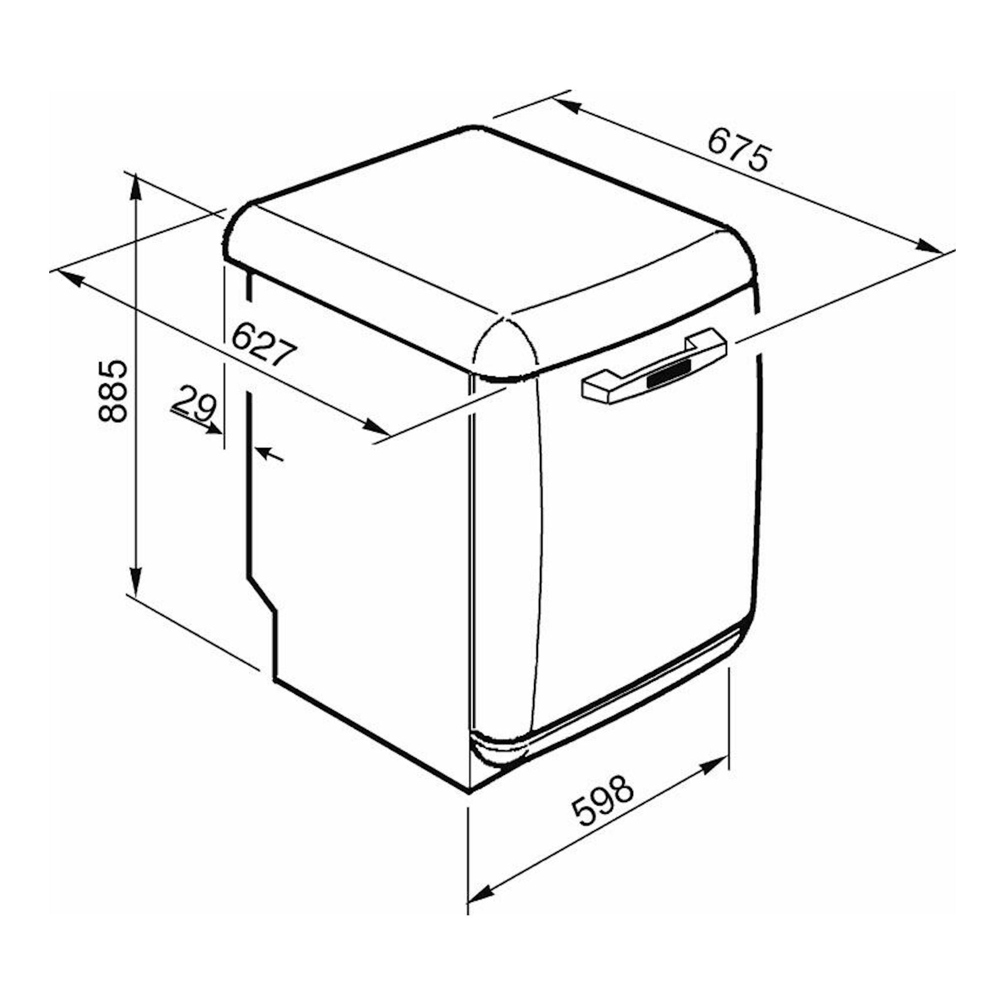 Esquema técnico en blanco y negro del lavavajillas Smeg LVFABCR3 de 60 cm, vista isométrica con medidas.
