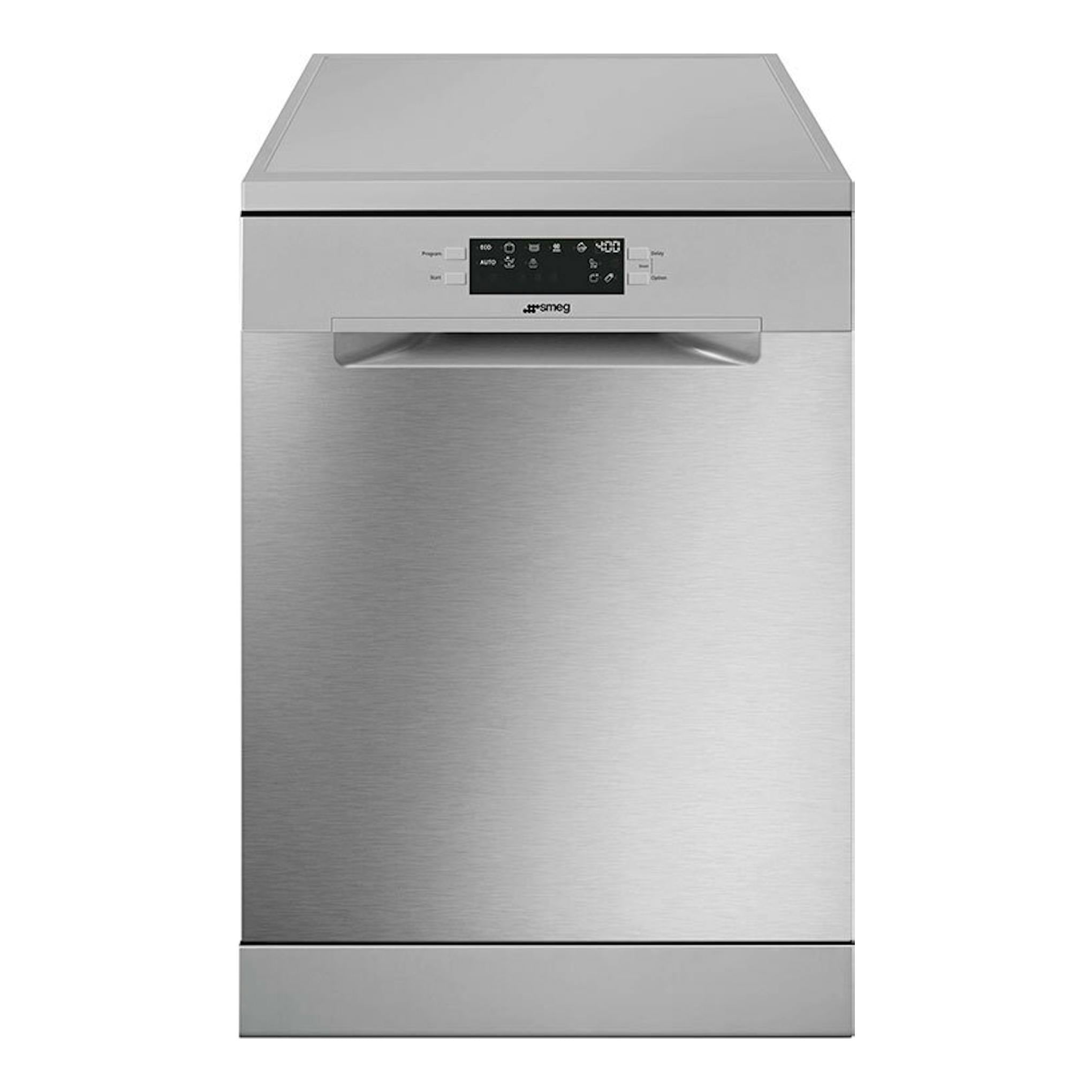 Lavavajillas Smeg LVS262DSX de 60 cm, vista frontal, acabado inoxidable con panel de control superior.
