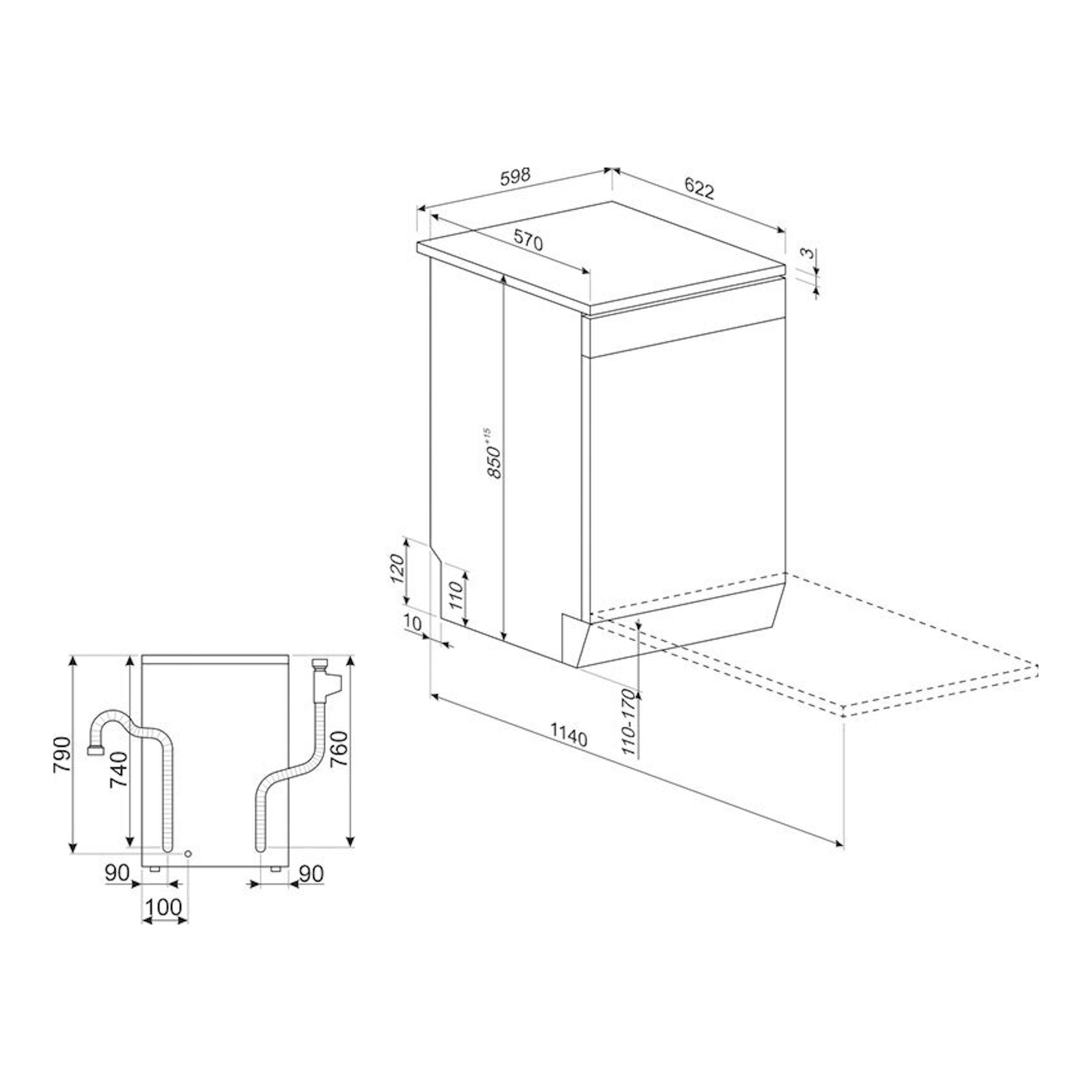 Lavavajillas Smeg LVS262DSX de 60 cm, esquema técnico en vista isométrica con medidas y conexiones.