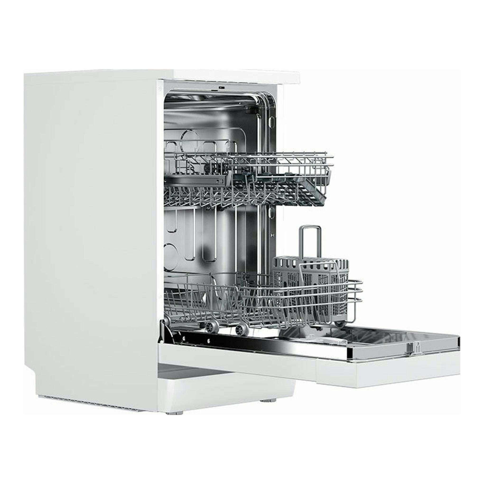 Lavavajillas Teka DFS24610 blanco, vista lateral con la puerta abierta y cestas interiores visibles.