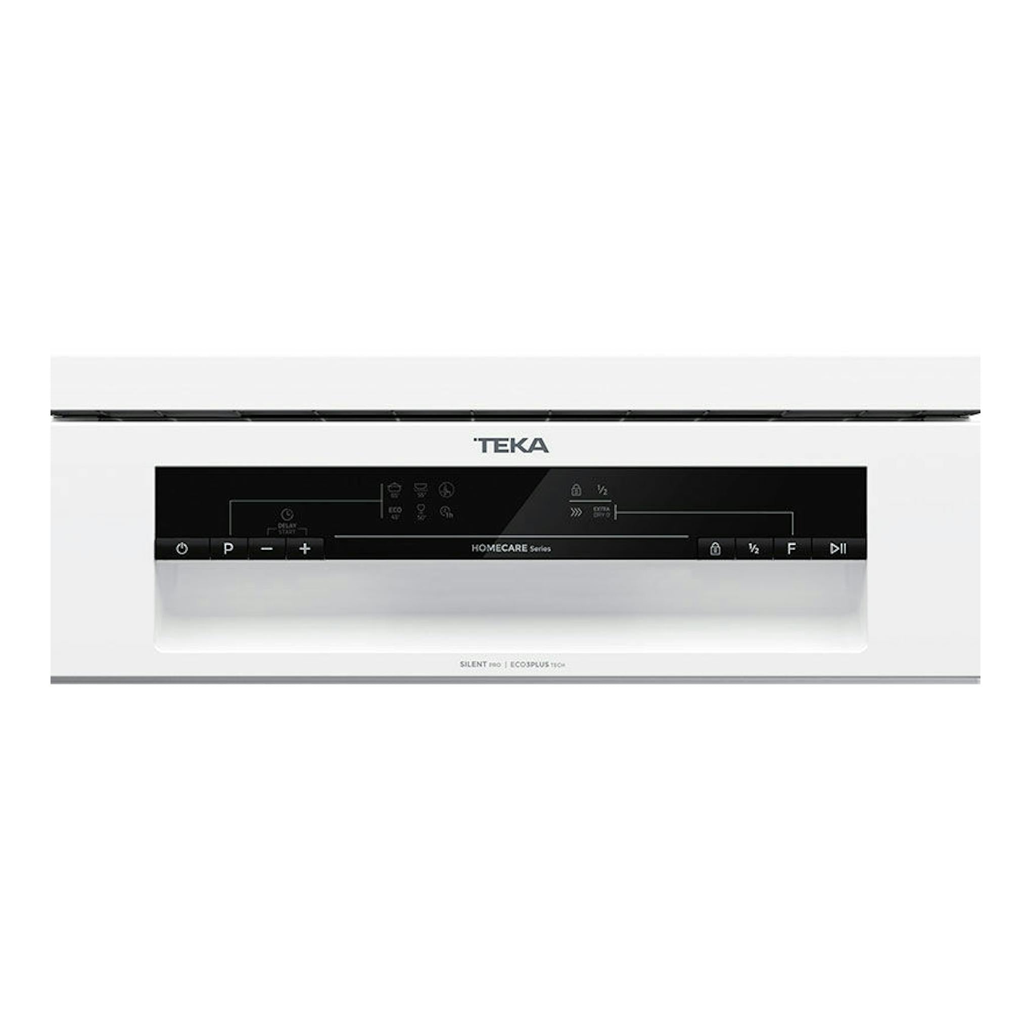 Lavavajillas Teka DFS24610 blanco, vista frontal, con panel de control negro y logo Teka.