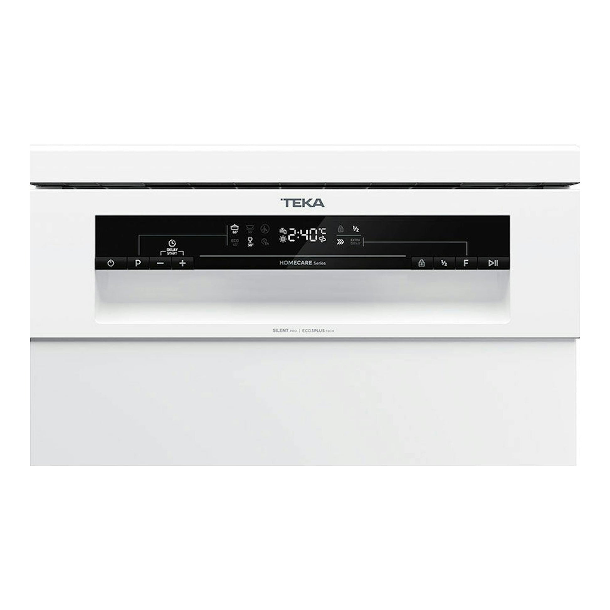 Lavavajillas Teka DFS24610 blanco, vista frontal con panel de control negro y pantalla digital.