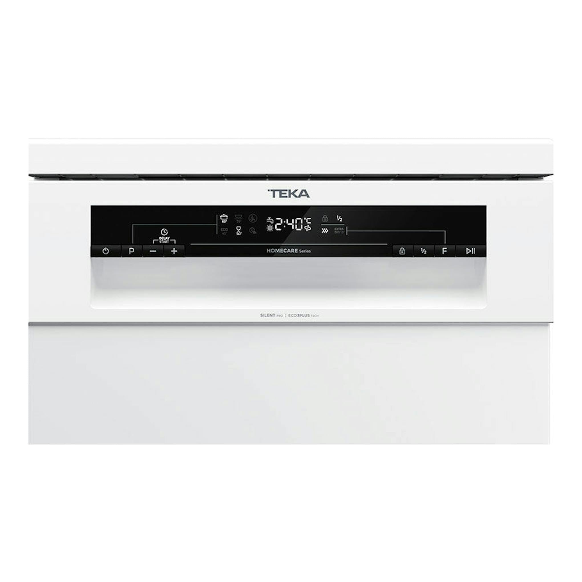 Lavavajillas Teka DFS24610 blanco, vista frontal con panel de control negro y pantalla digital.