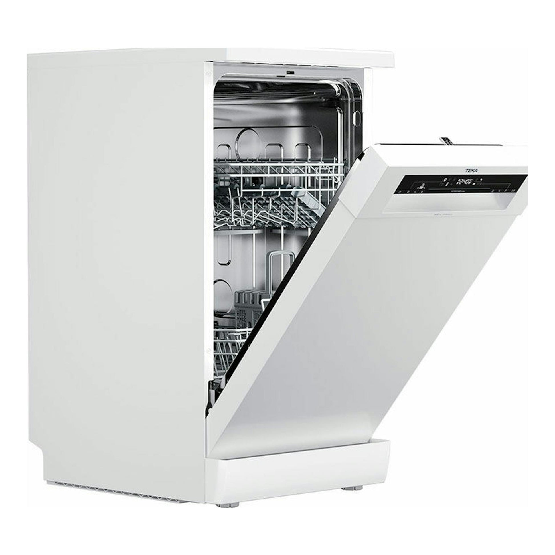 Lavavajillas Teka DFS24610 blanco de 45 cm, vista frontal tres cuartos, puerta abierta.