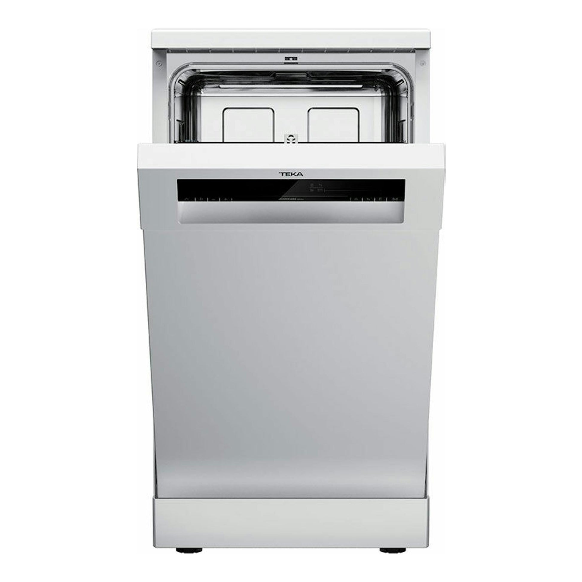 Lavavajillas Teka DFS24610 de 45 cm, vista frontal, color inox, con la puerta abierta.