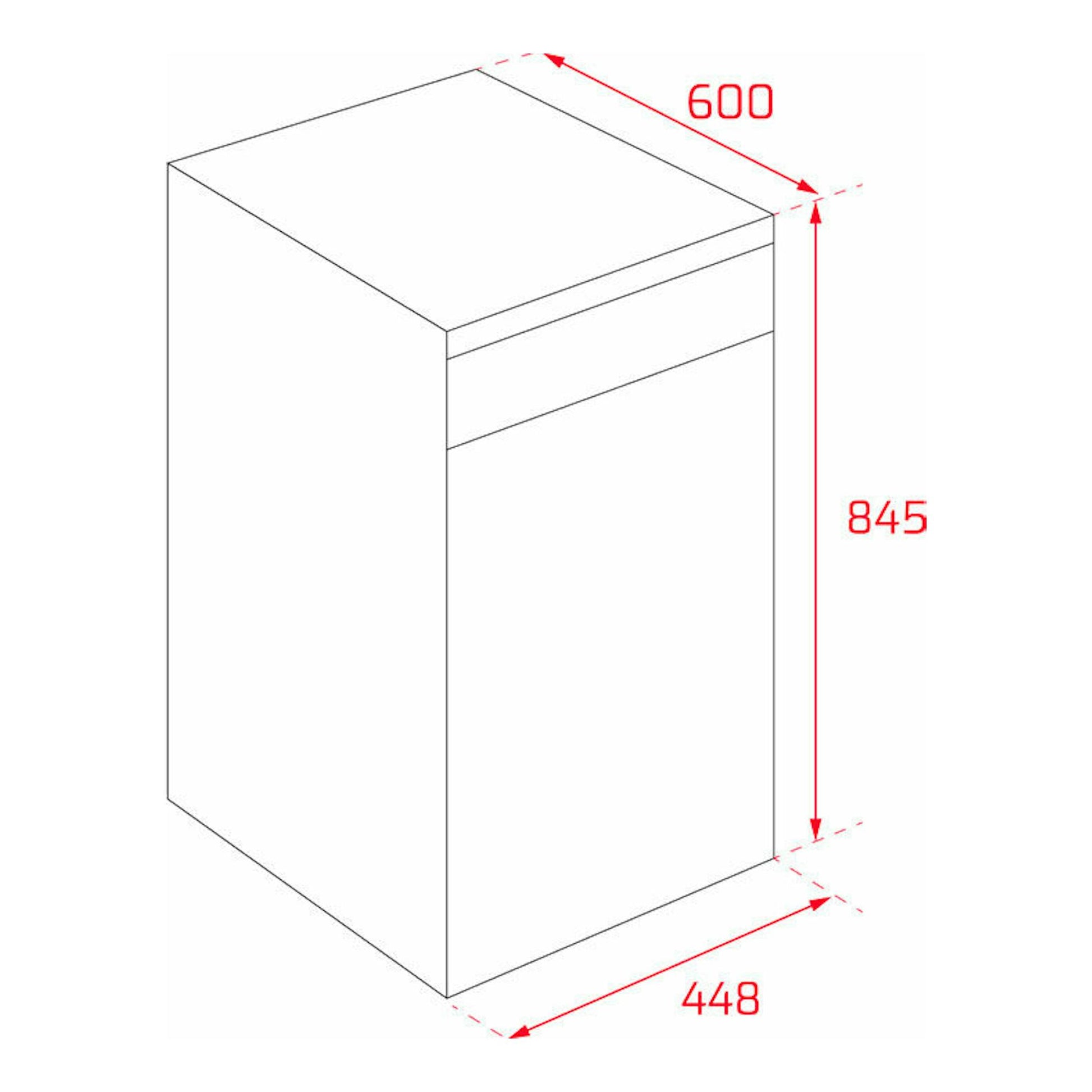 Lavavajillas Teka DFS24650 blanco, vista en perspectiva con medidas 600 x 845 x 448 mm.