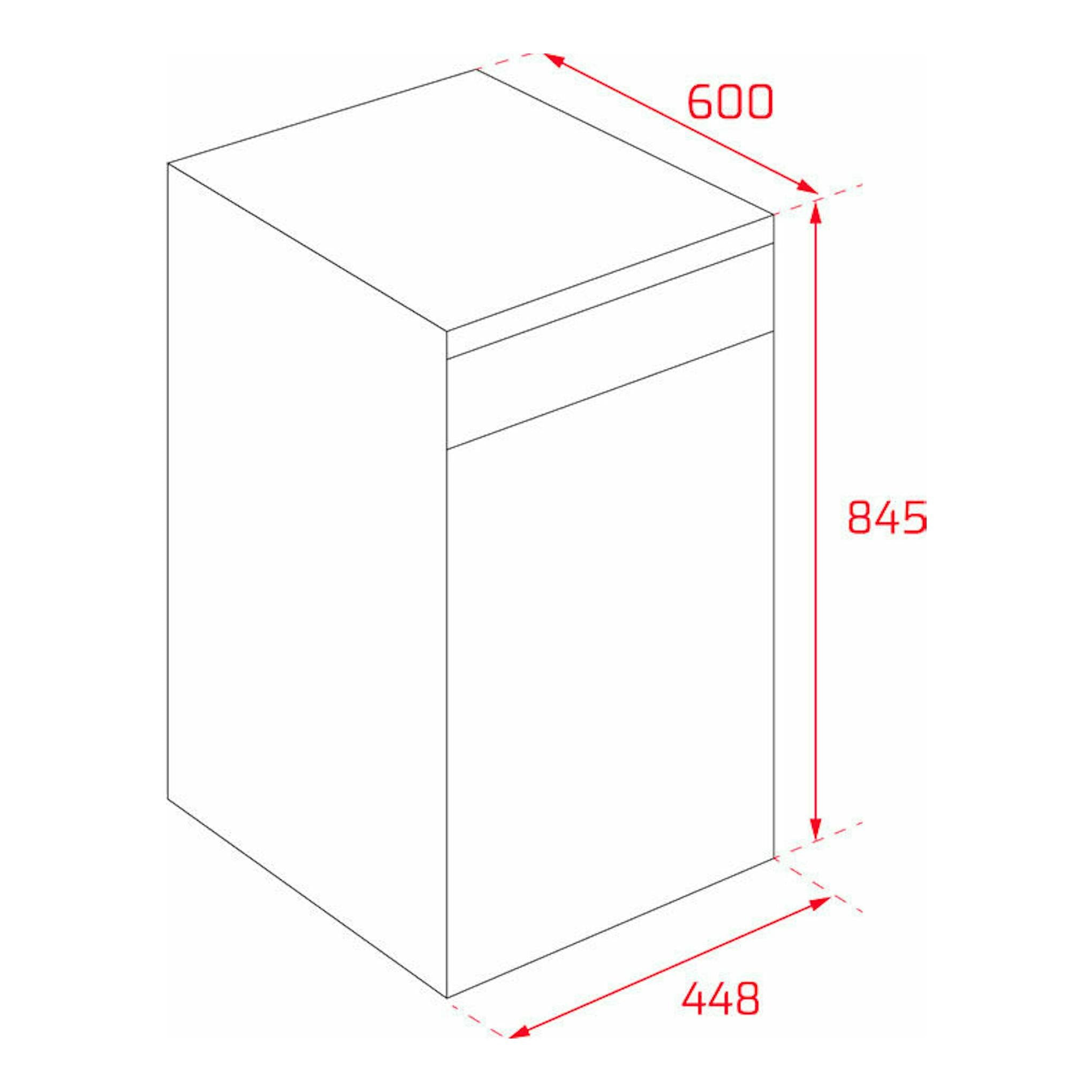 Lavavajillas Teka DFS24650 blanco, vista en perspectiva con medidas 600 x 845 x 448 mm.