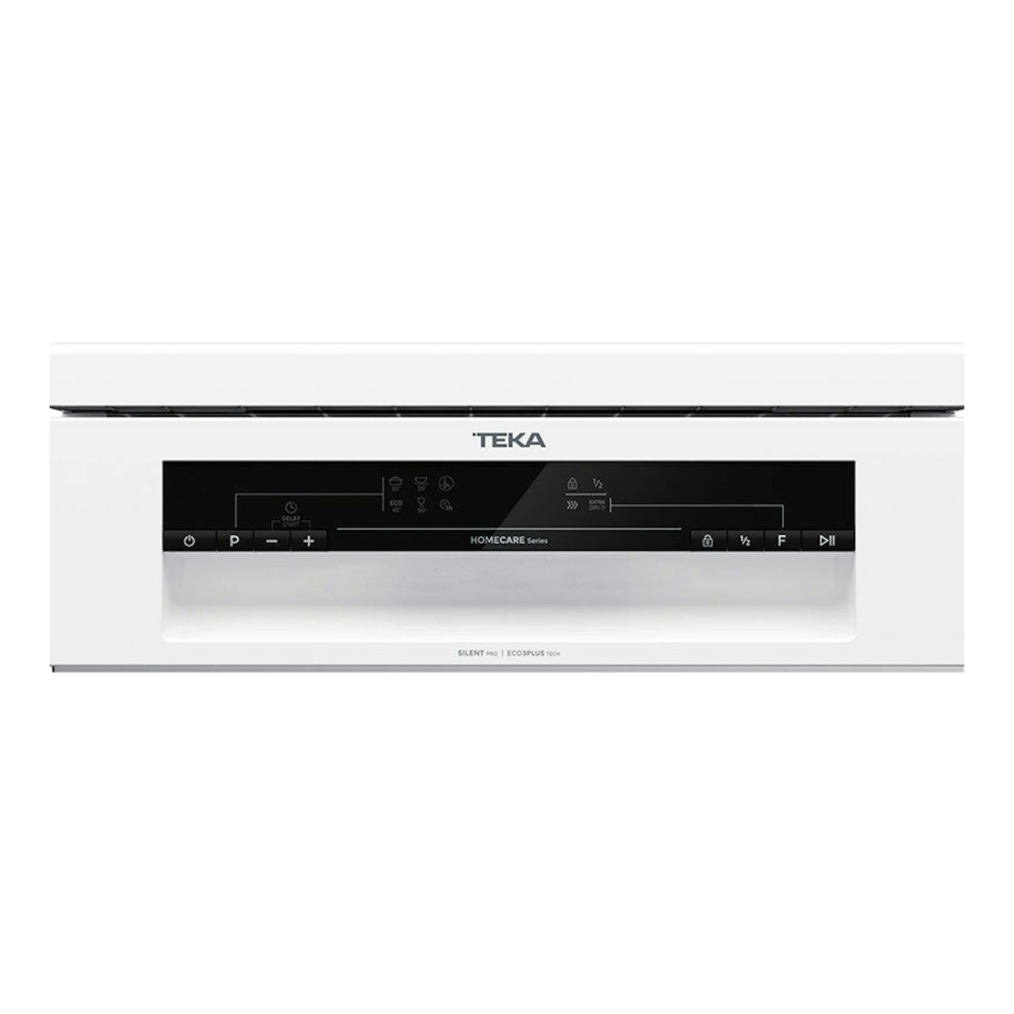 Lavavajillas Teka DFS24650 blanco, vista frontal, panel negro, 45 cm.