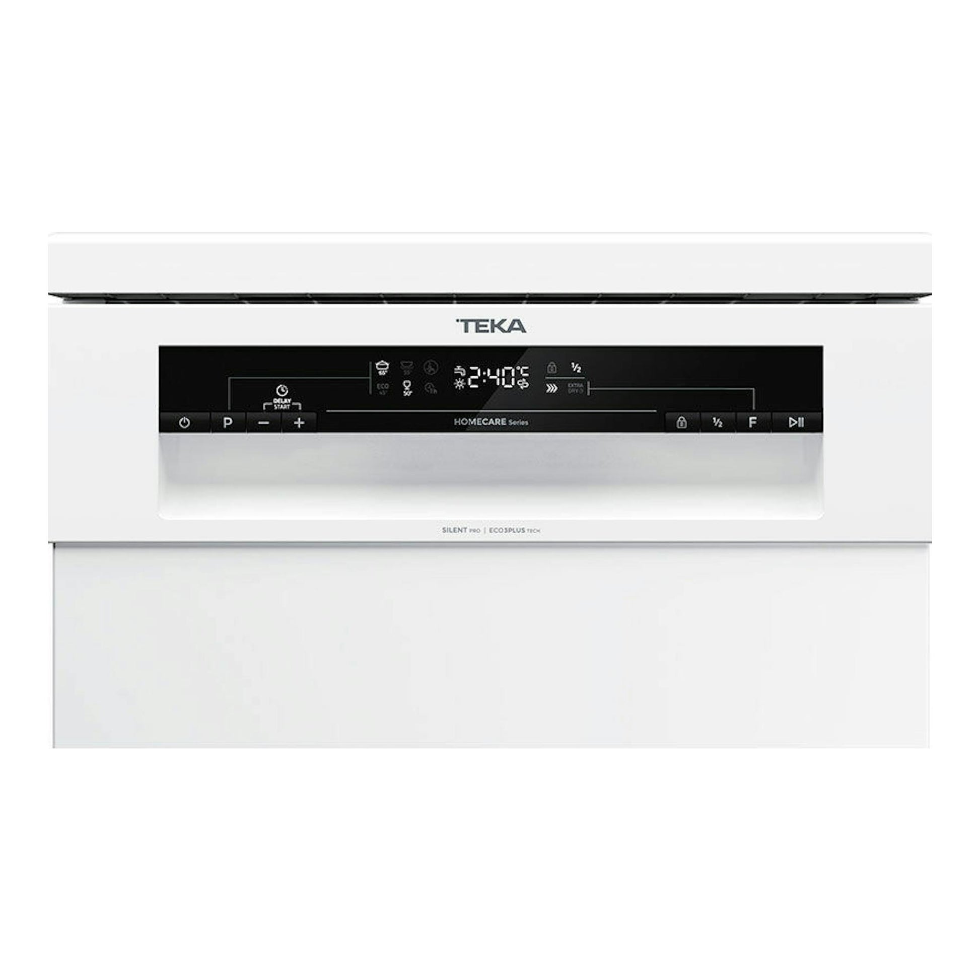 Lavavajillas Teka DFS24650 blanco de 45 cm, vista frontal, con panel negro integrado.