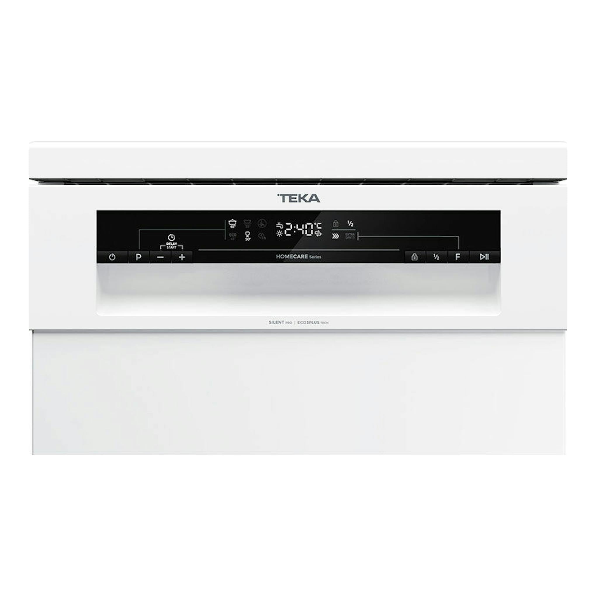 Lavavajillas Teka DFS24650 blanco de 45 cm, vista frontal, con panel negro integrado.