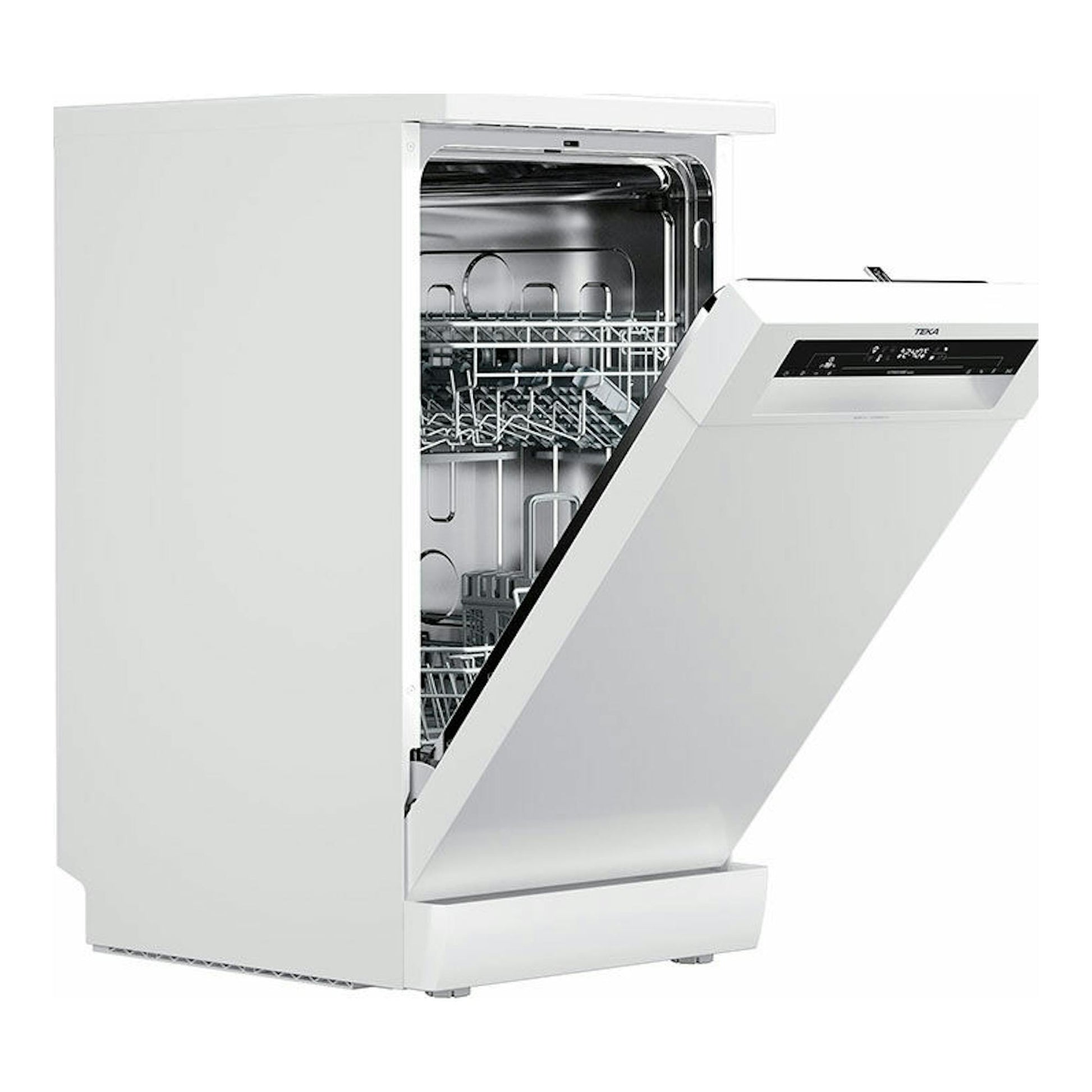 Lavavajillas Teka DFS24650 blanco, vista frontal con la puerta abierta.