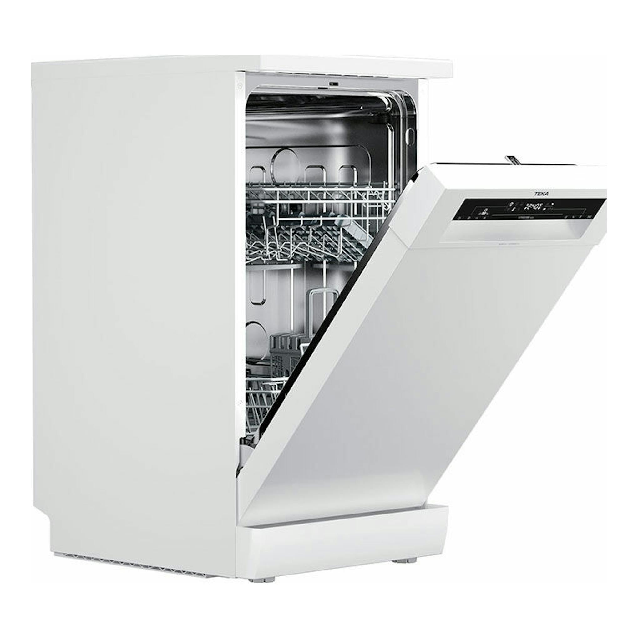 Lavavajillas Teka DFS24650 blanco, vista frontal con la puerta abierta.