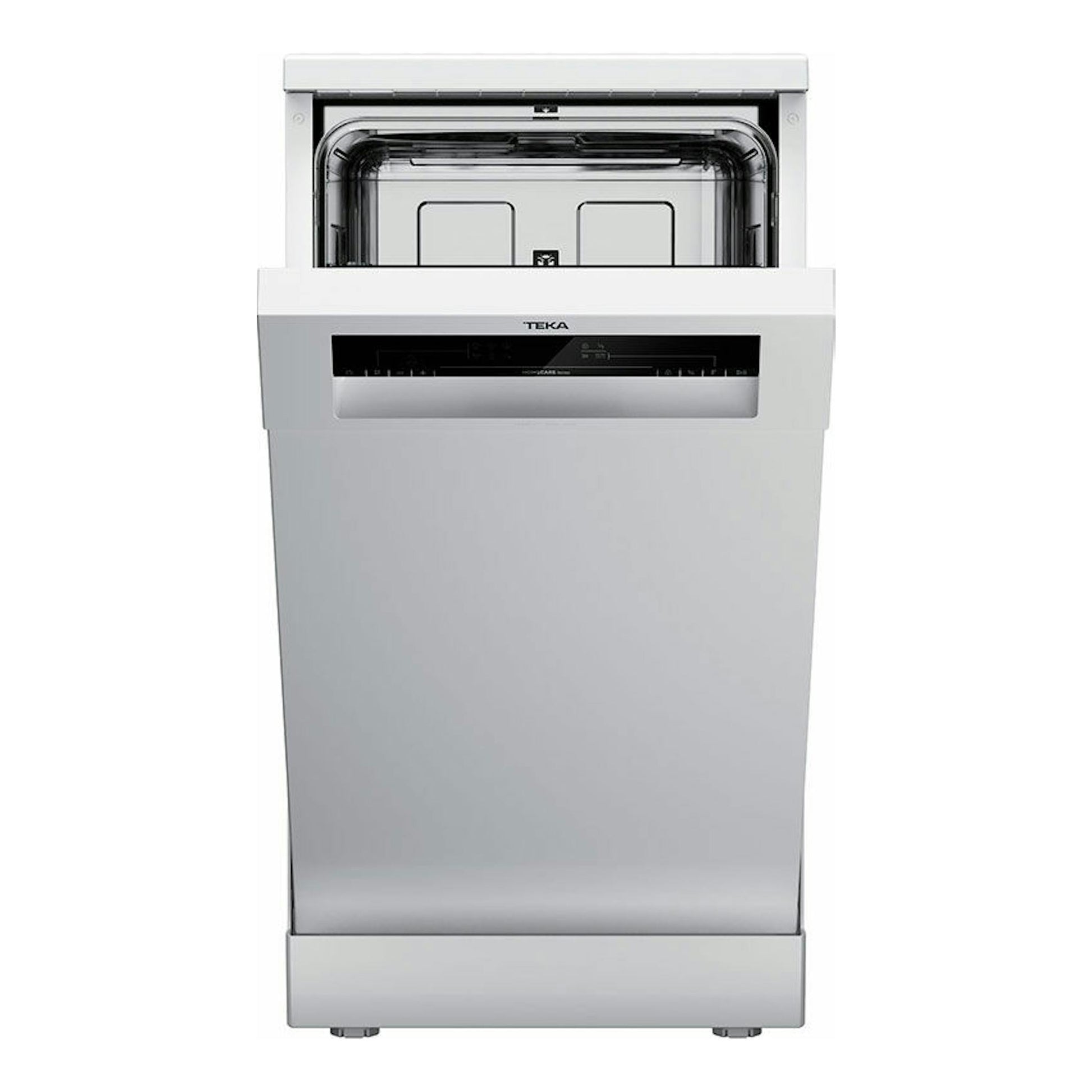 Lavavajillas Teka DFS24650 blanco, vista frontal, con la puerta superior abierta.