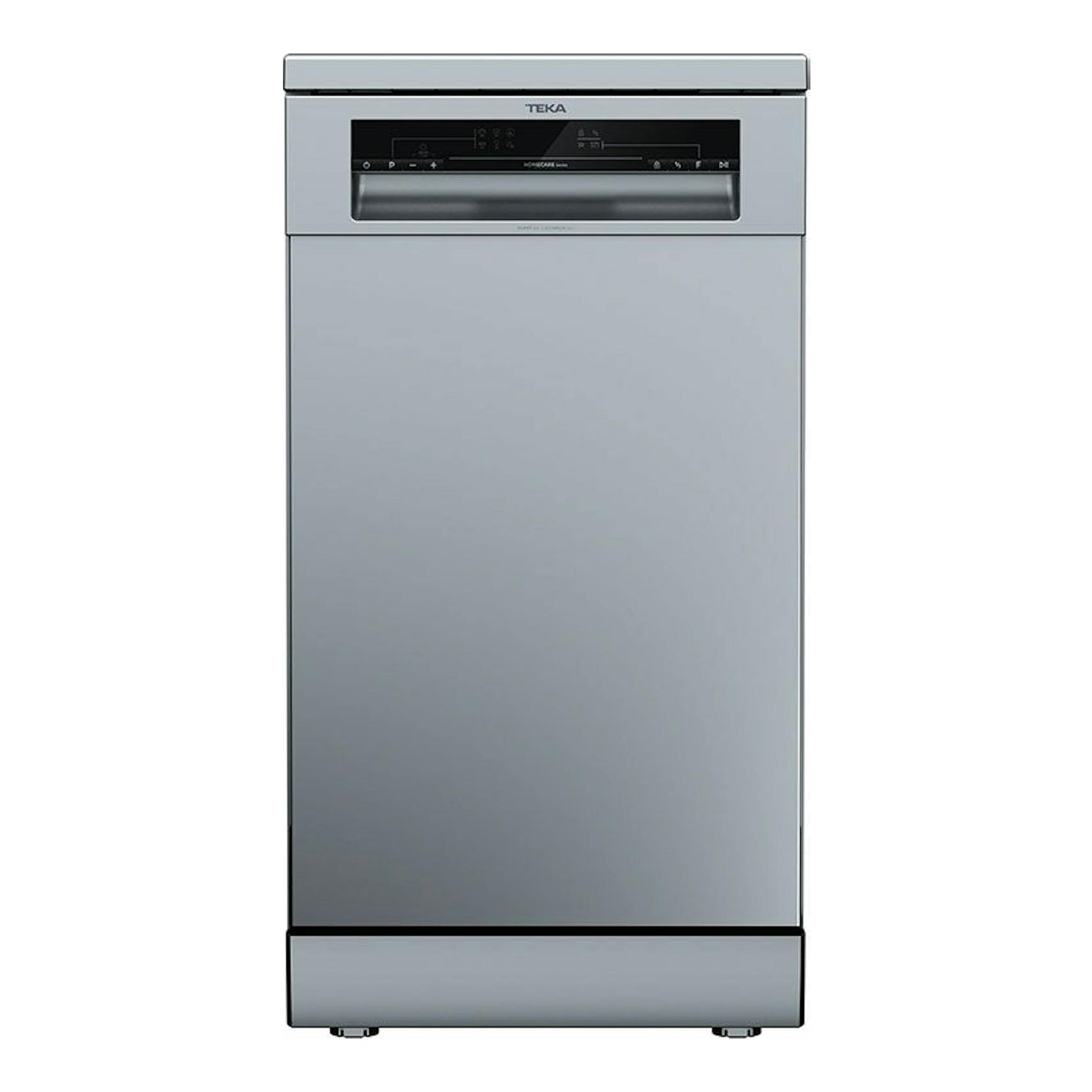 Lavavajillas Teka DFS24650 inox, vista frontal, panel superior negro y puerta gris acero.