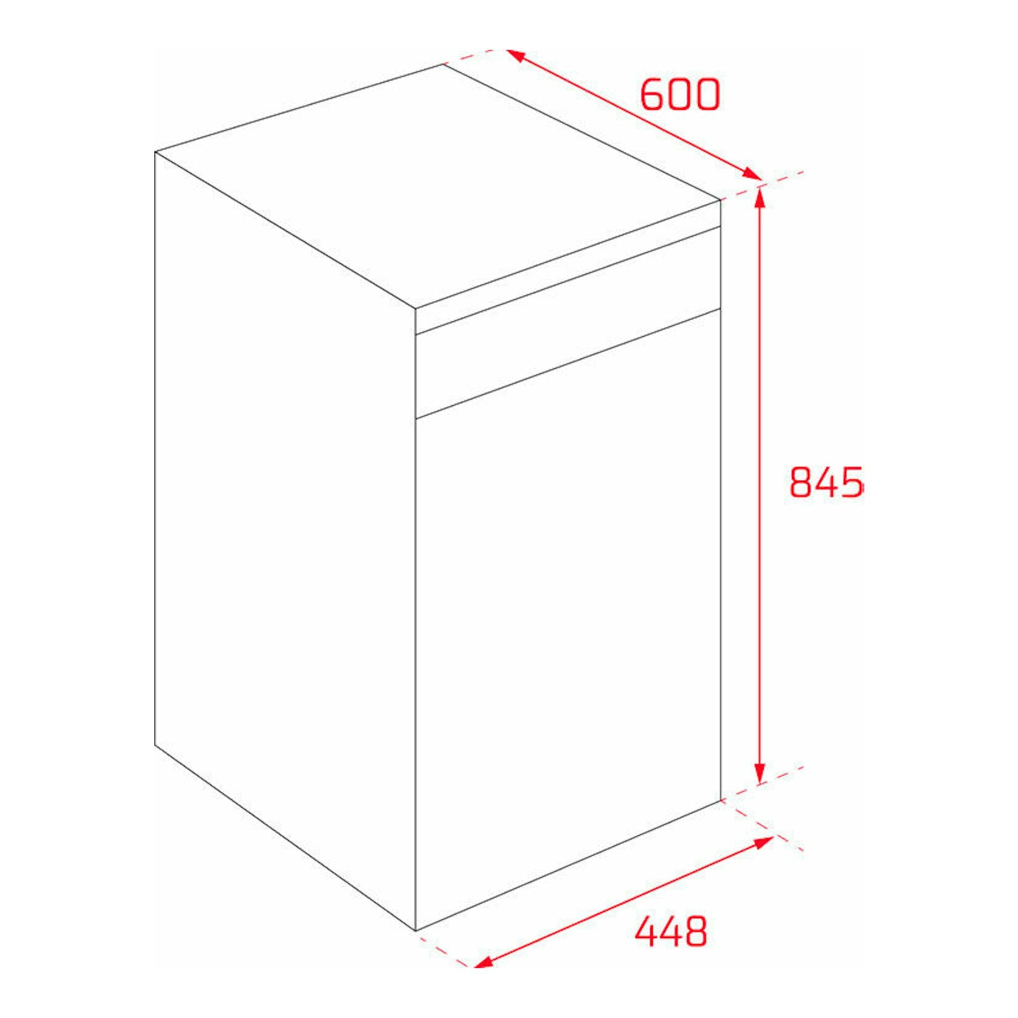 Lavavajillas Teka DFS24650 Inox, vista isométrica de esquema con medidas 600 x 845 x 448 mm.