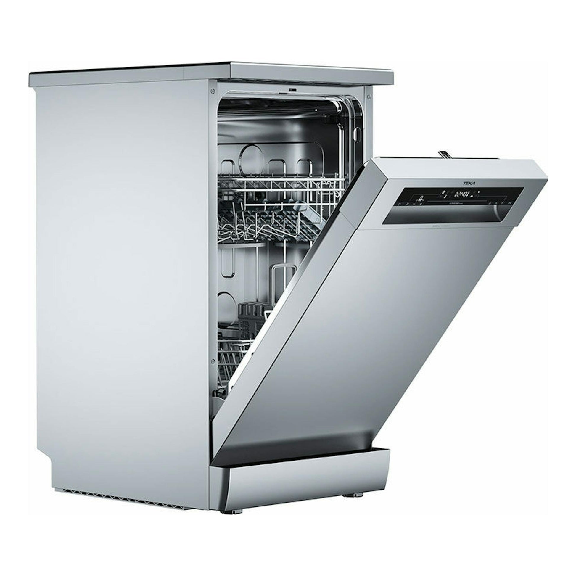Lavavajillas Teka DFS24650 inox, vista frontal en 3/4, con la puerta abatida y el interior visible.