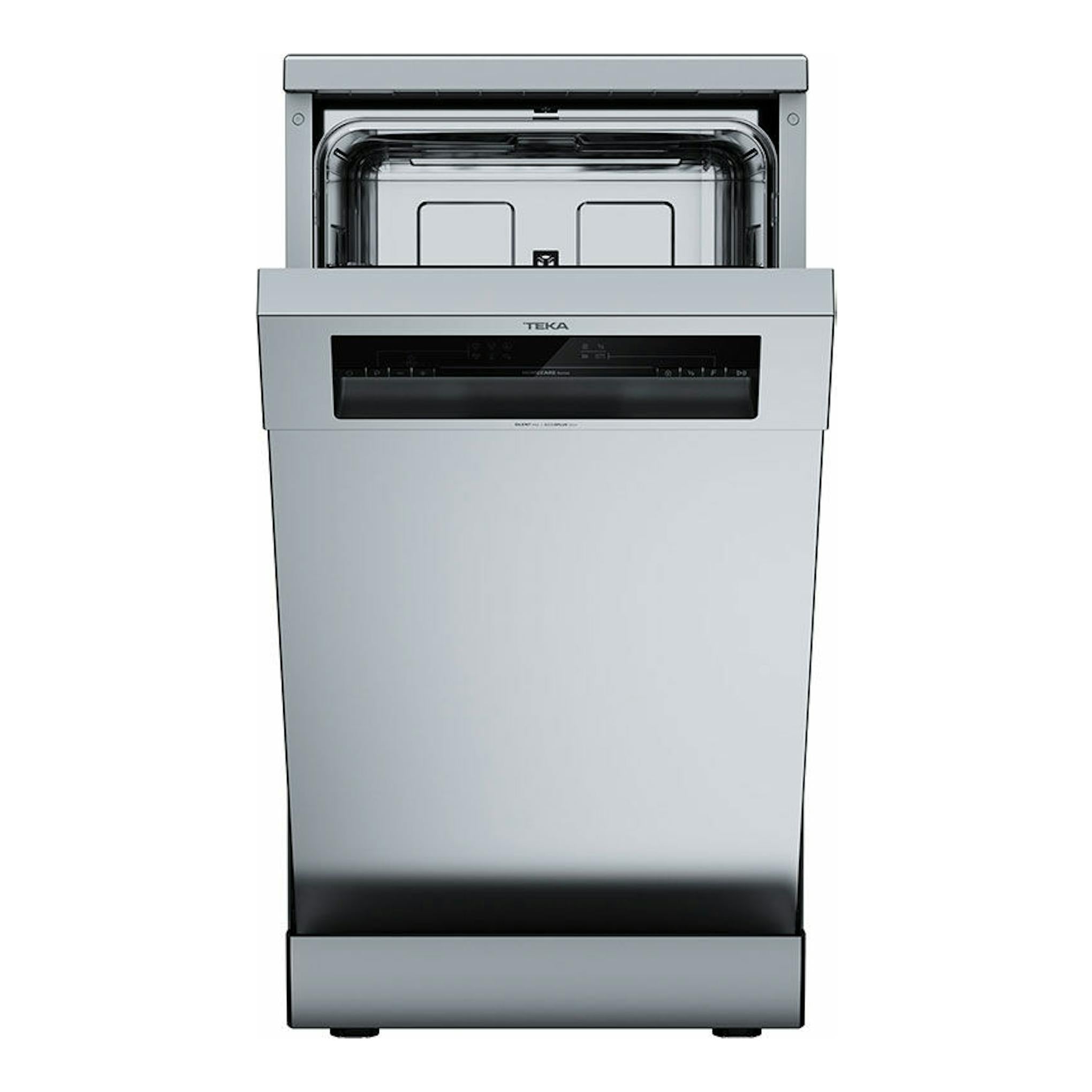 Lavavajillas Teka DFS24650 inox de 45 cm, vista frontal, puerta abierta.