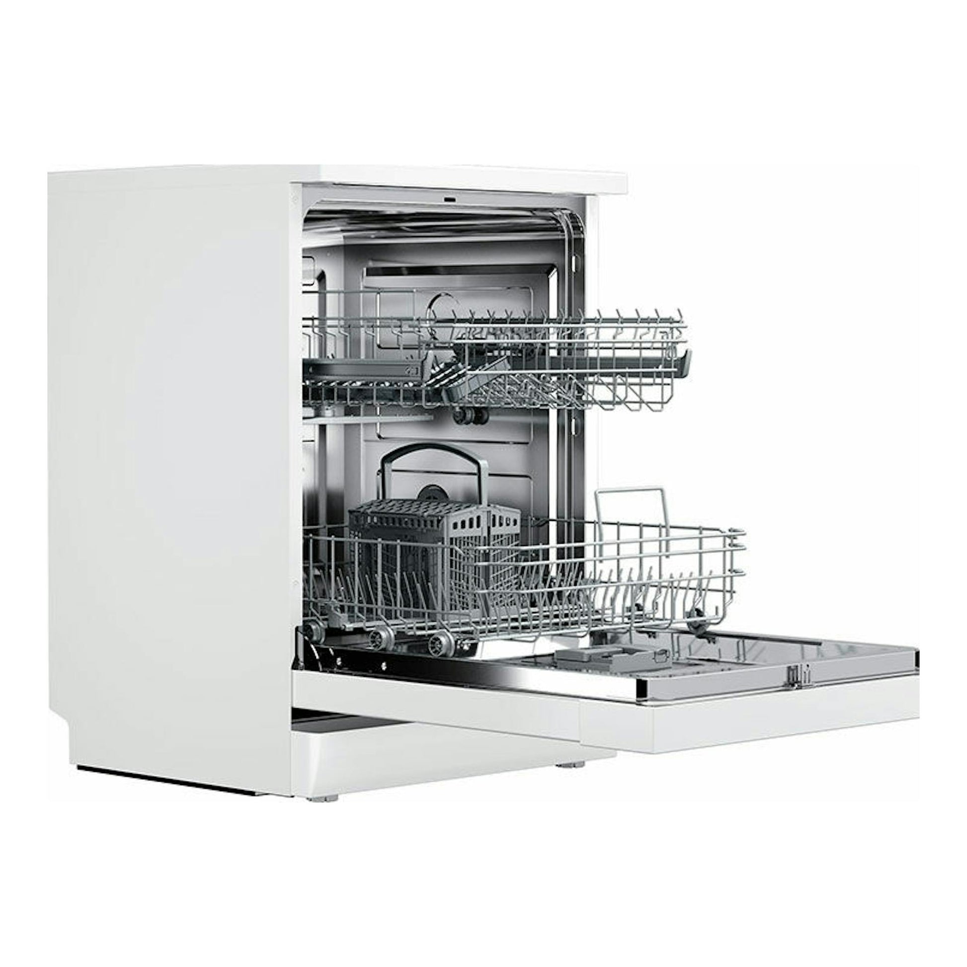 Lavavajillas Teka DFS26650 blanco de 60 cm, vista frontal tres cuartos con puerta abierta y cestos interiores.