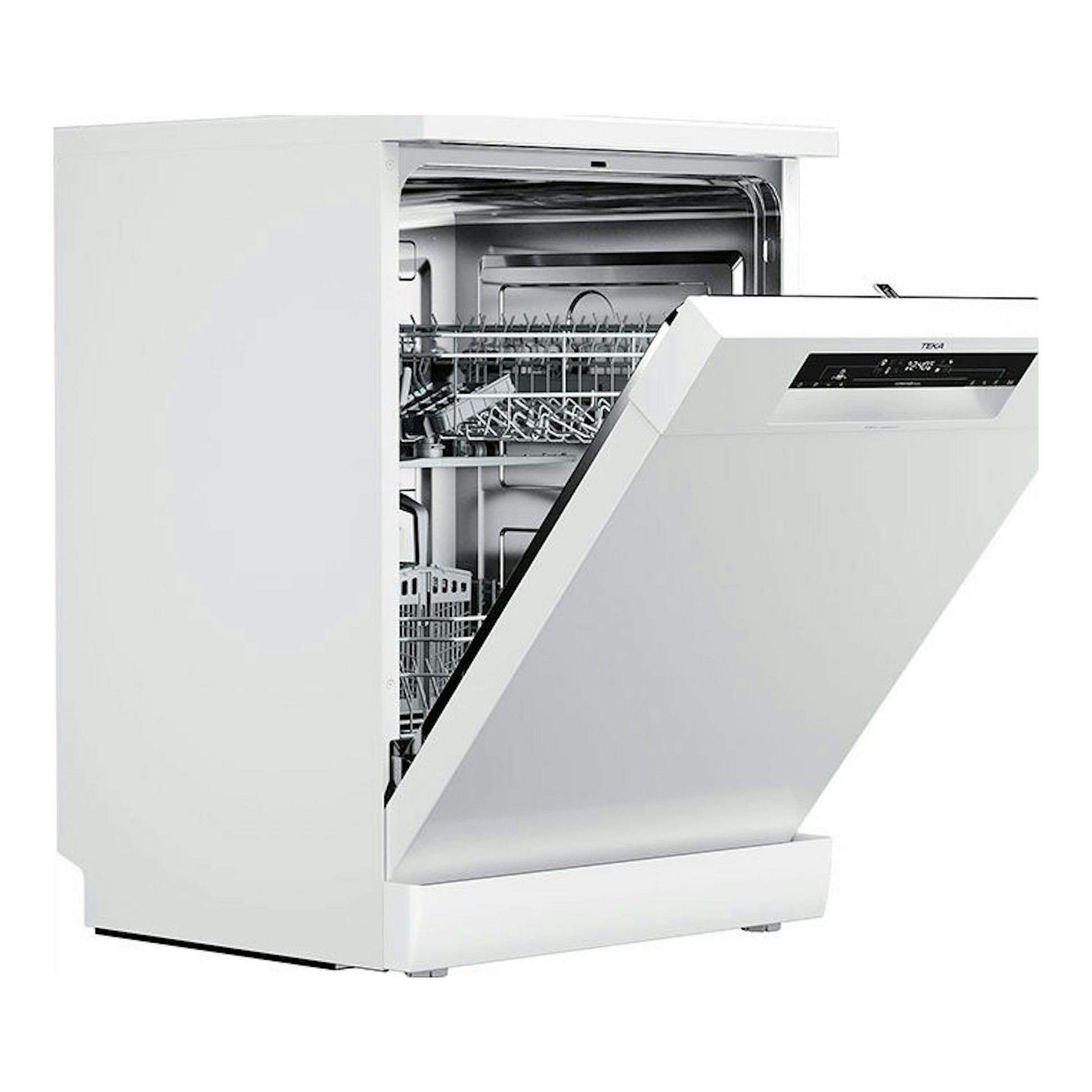 Lavavajillas Teka DFS26650 blanco, vista frontal en tres cuartos, con la puerta abierta.