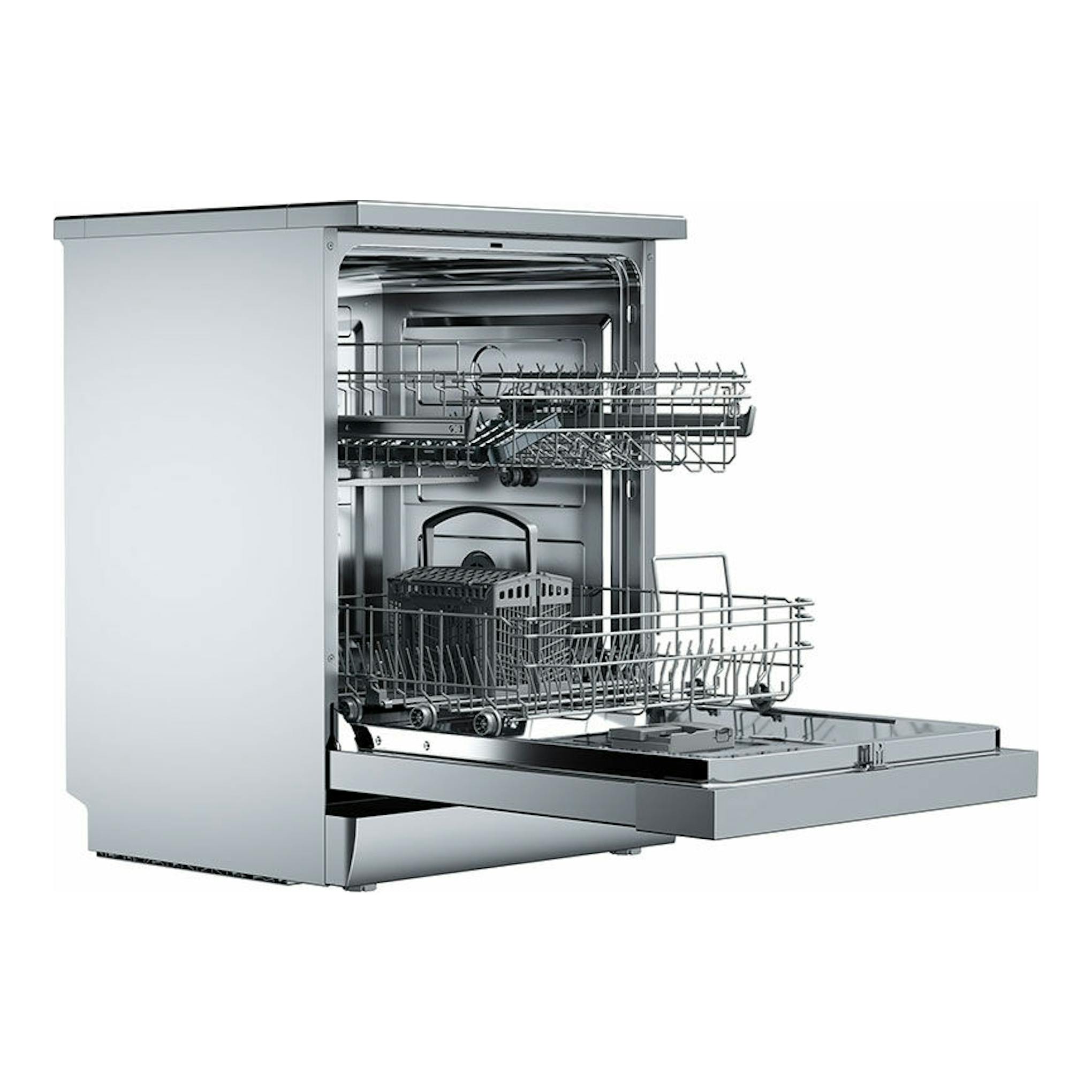 Lavavajillas Teka DFS26650 SS inox de 60 cm, abierto, en acero inoxidable, vista frontal en tres cuartos.