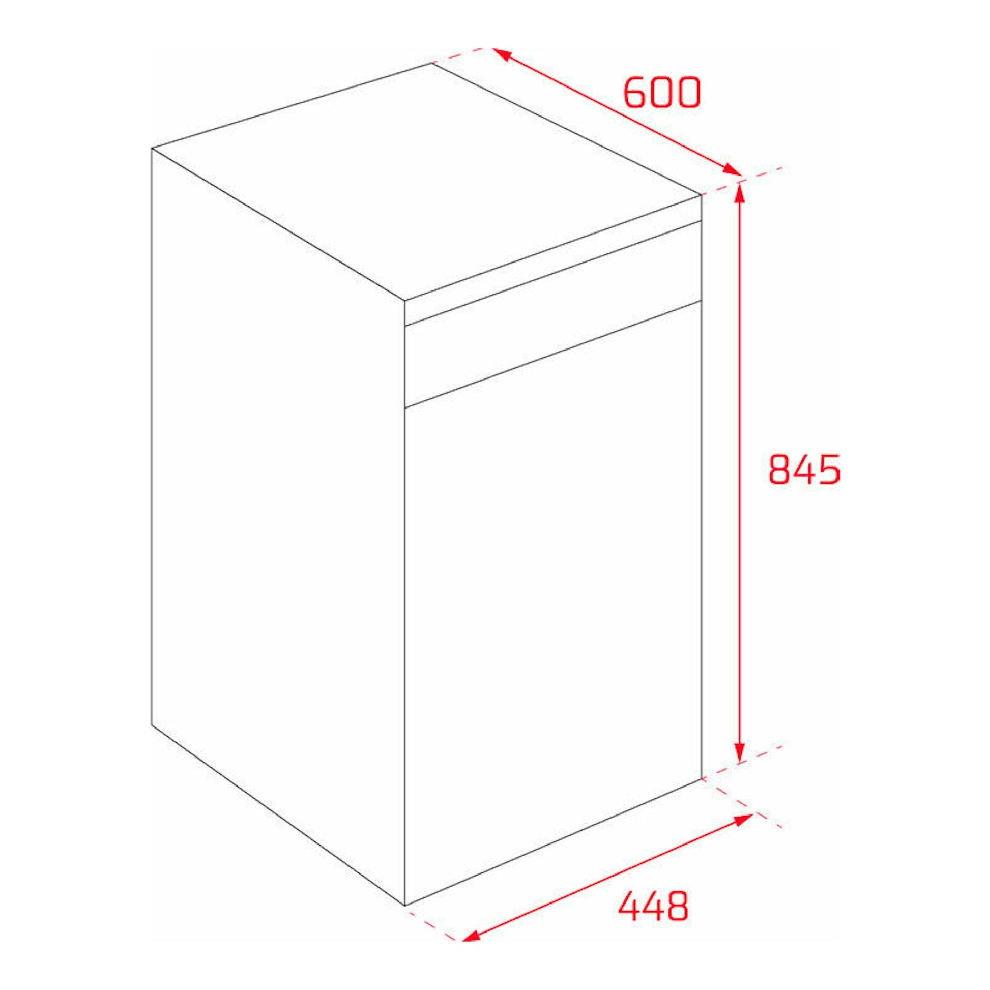 Lavavajillas Teka DFS44750 en vista isométrica, dibujo técnico en blanco con medidas 600 x 845 x 448 mm.