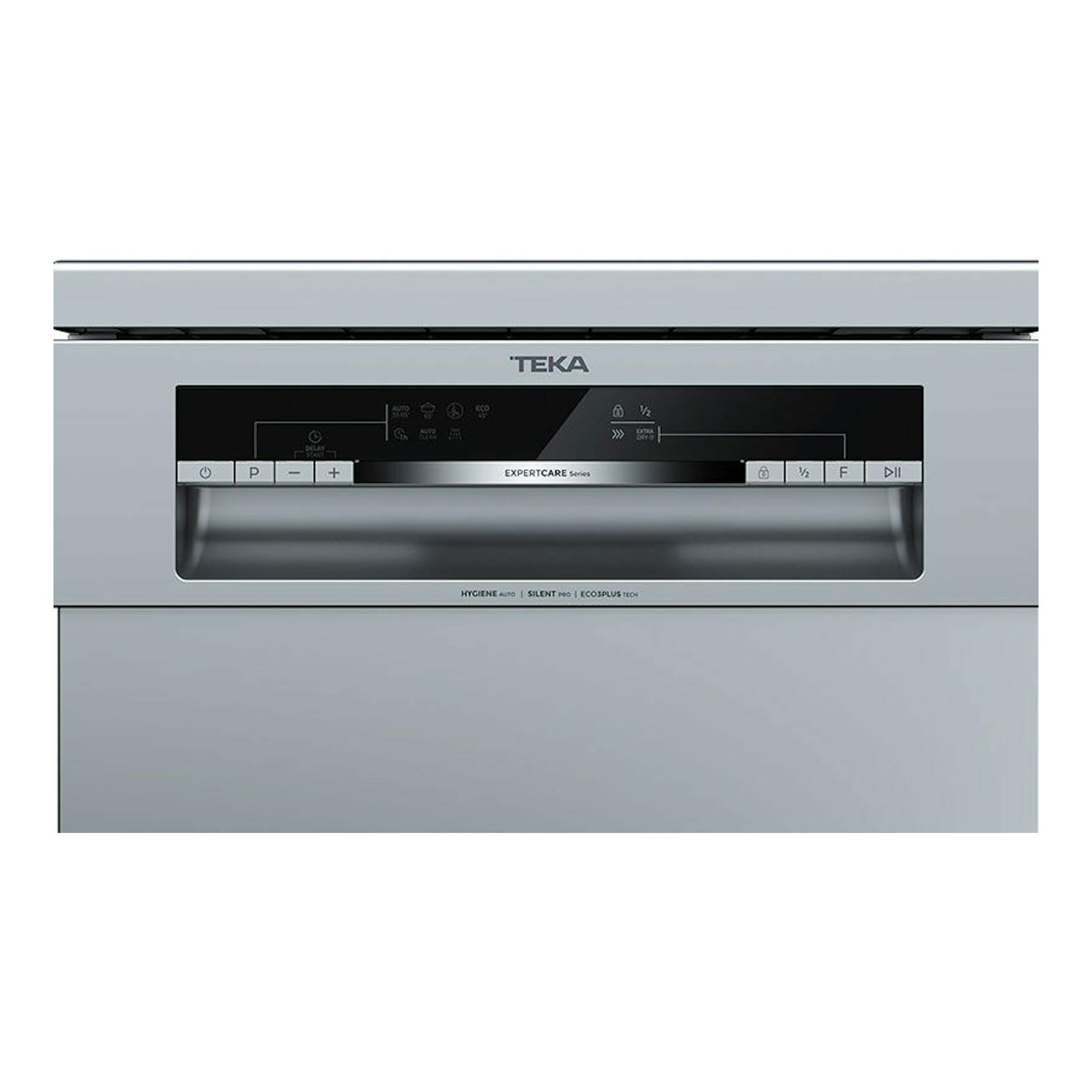 Lavavajillas empotrable Teka DFS44750 gris, vista frontal con panel de control negro y pantalla táctil.