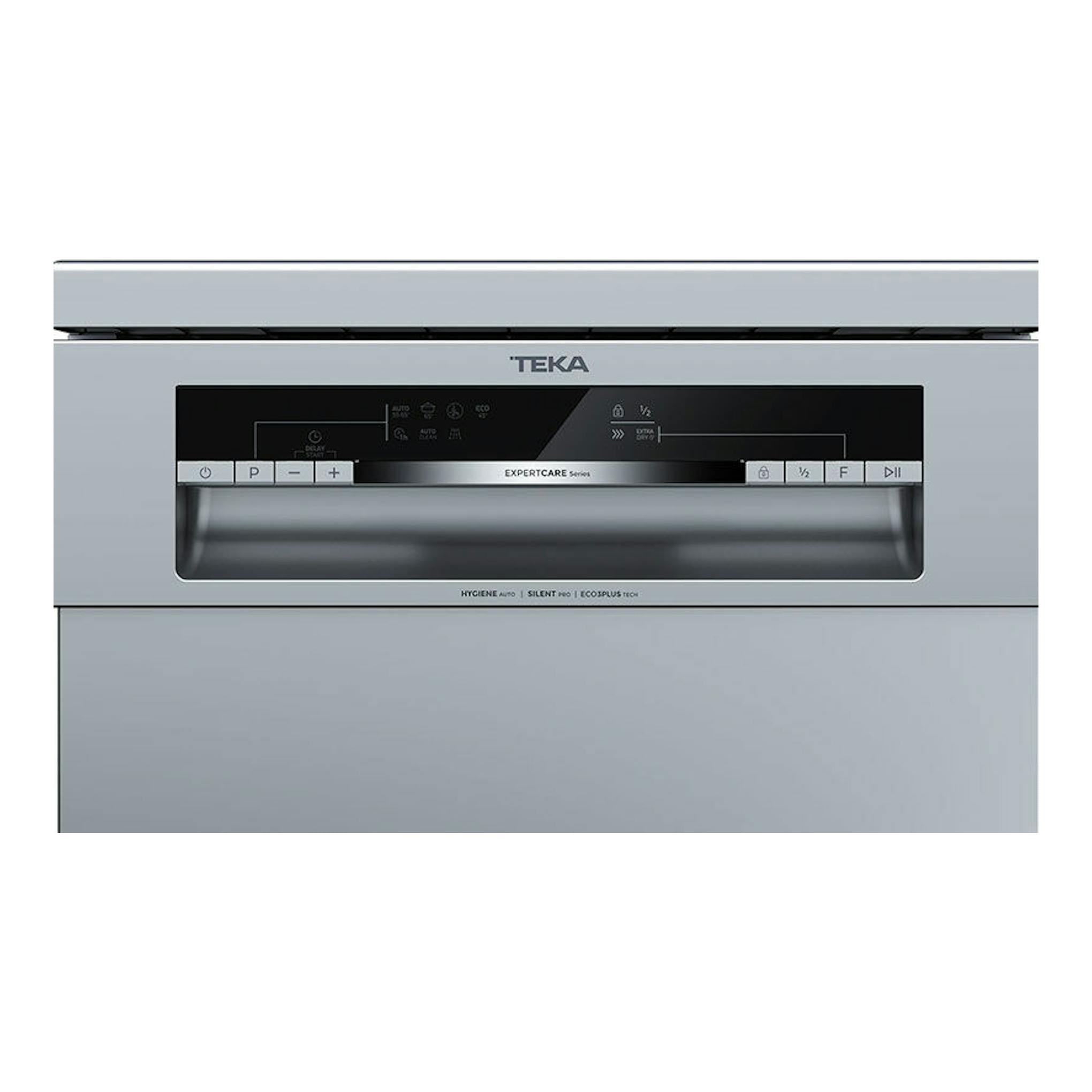 Lavavajillas empotrable Teka DFS44750 gris, vista frontal con panel de control negro y pantalla táctil.