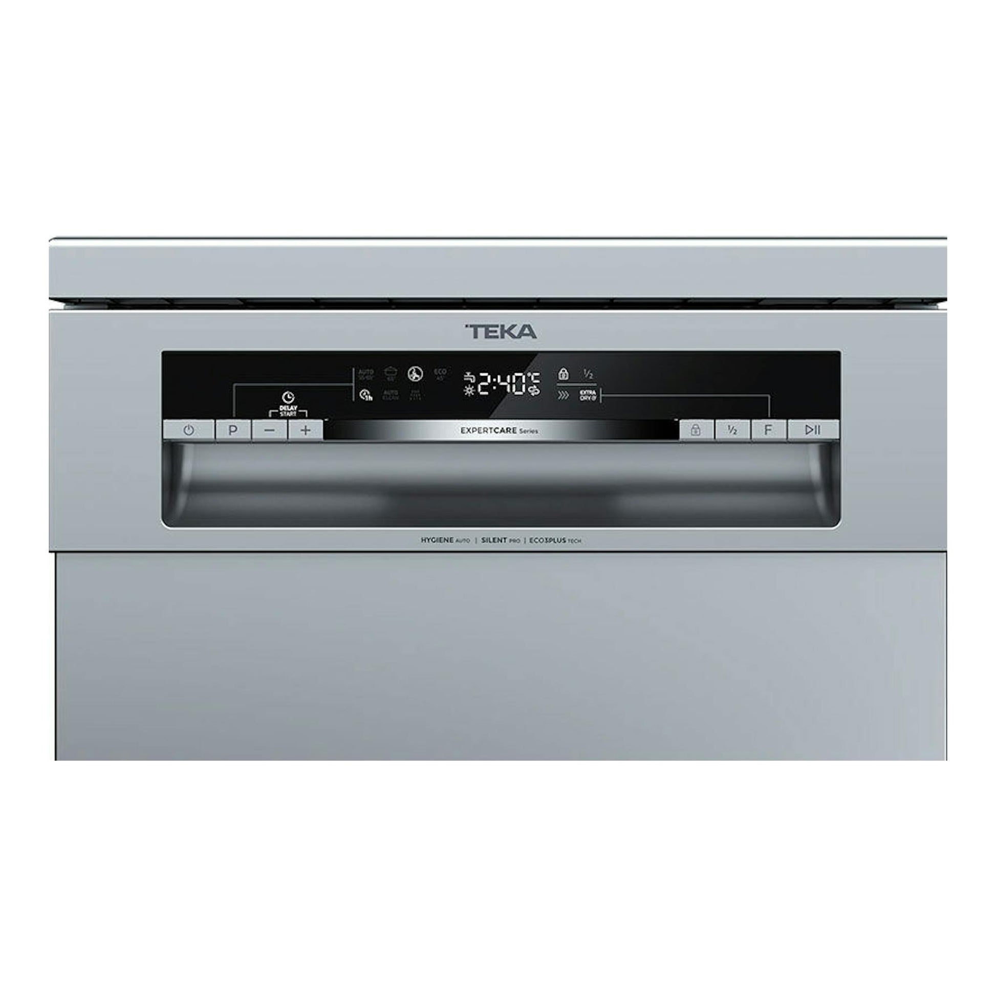 Lavavajillas Teka DFS44750 gris, vista frontal con panel digital negro y puerta cerrada.