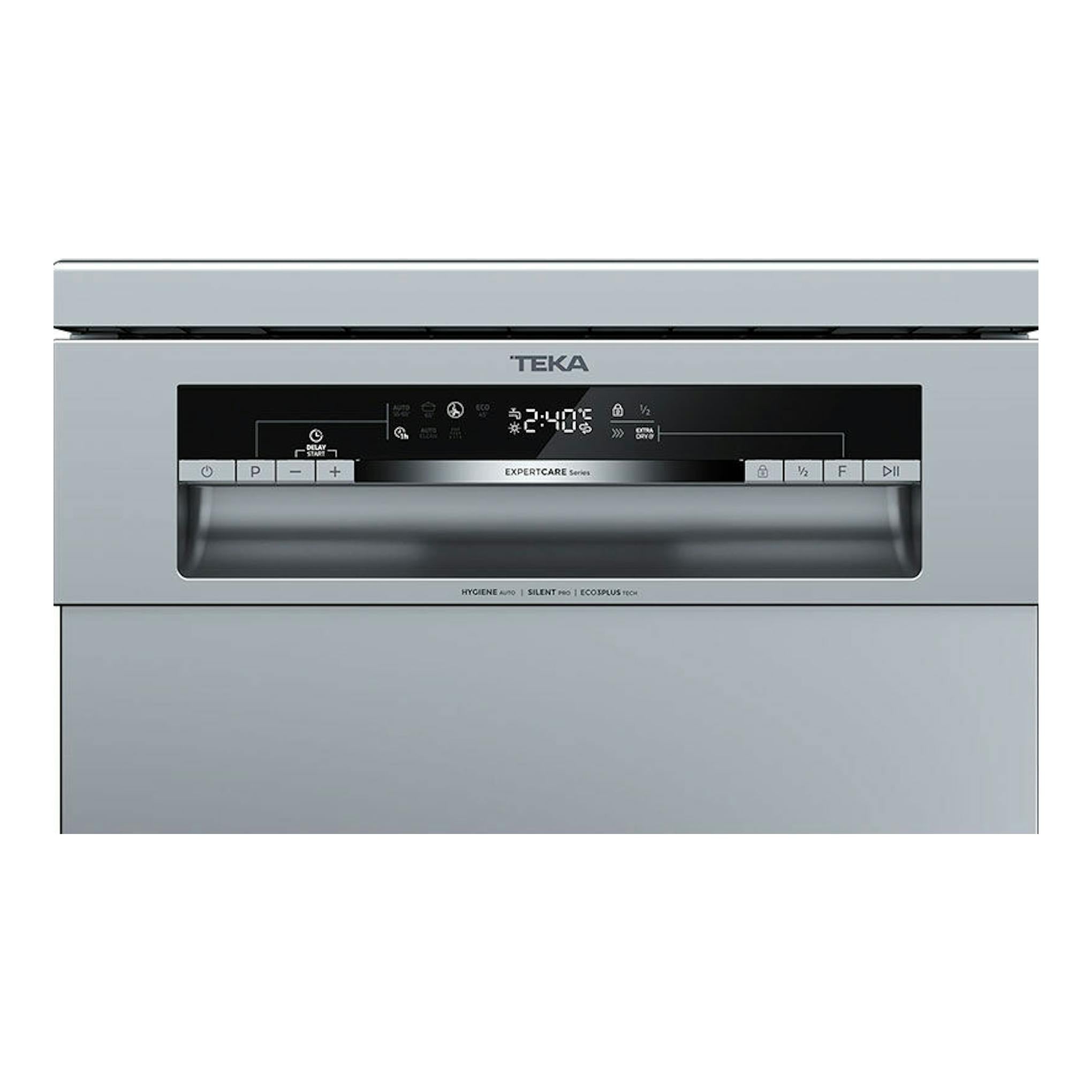 Lavavajillas Teka DFS44750 gris, vista frontal con panel digital negro y puerta cerrada.