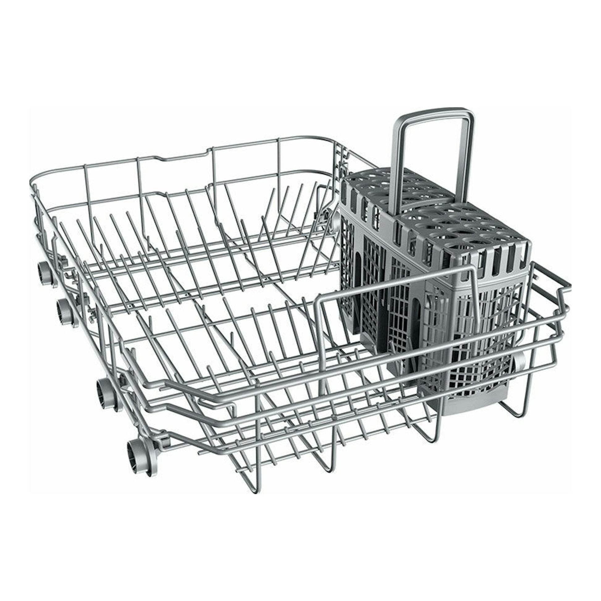 Cesta interior de lavavajillas Teka DFS44750 en gris metálico, vista en perspectiva con cesta para cubiertos.