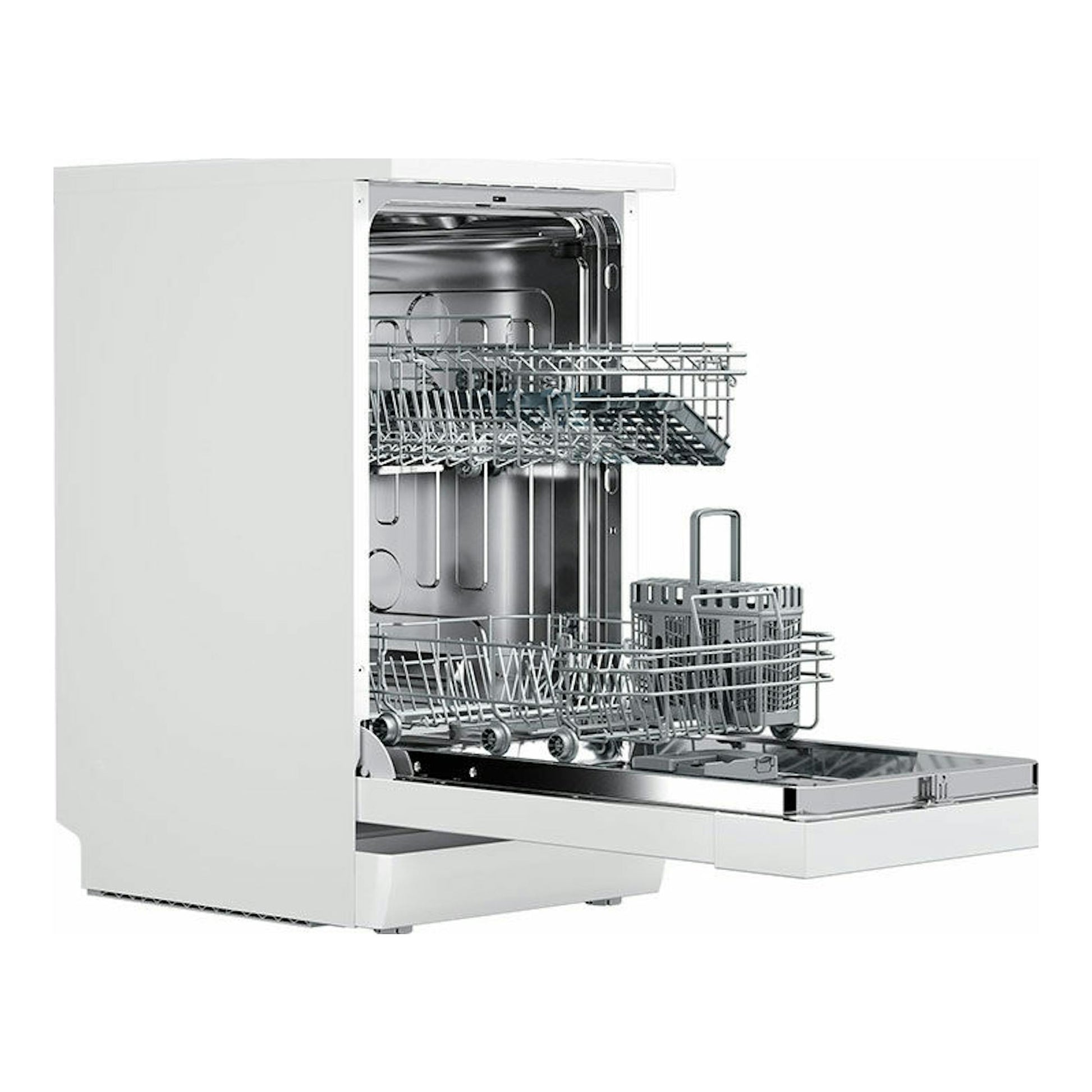 Lavavajillas Teka DFS44750 blanco de 45 cm, abierto en vista frontal con cestas y puerta abatible.