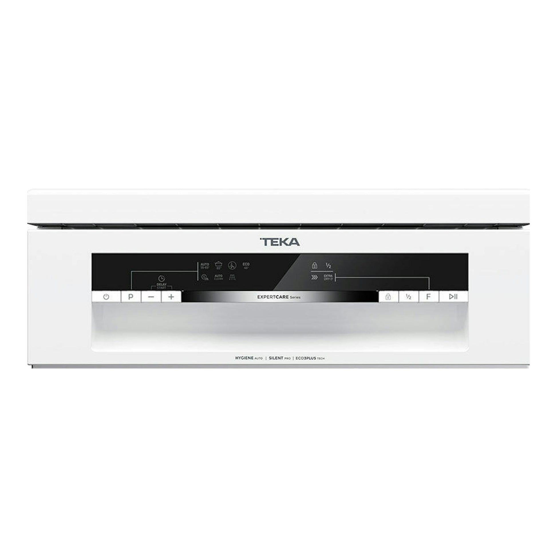 Lavavajillas Teka DFS44750 blanco de 45 cm, vista frontal, con panel de control negro.