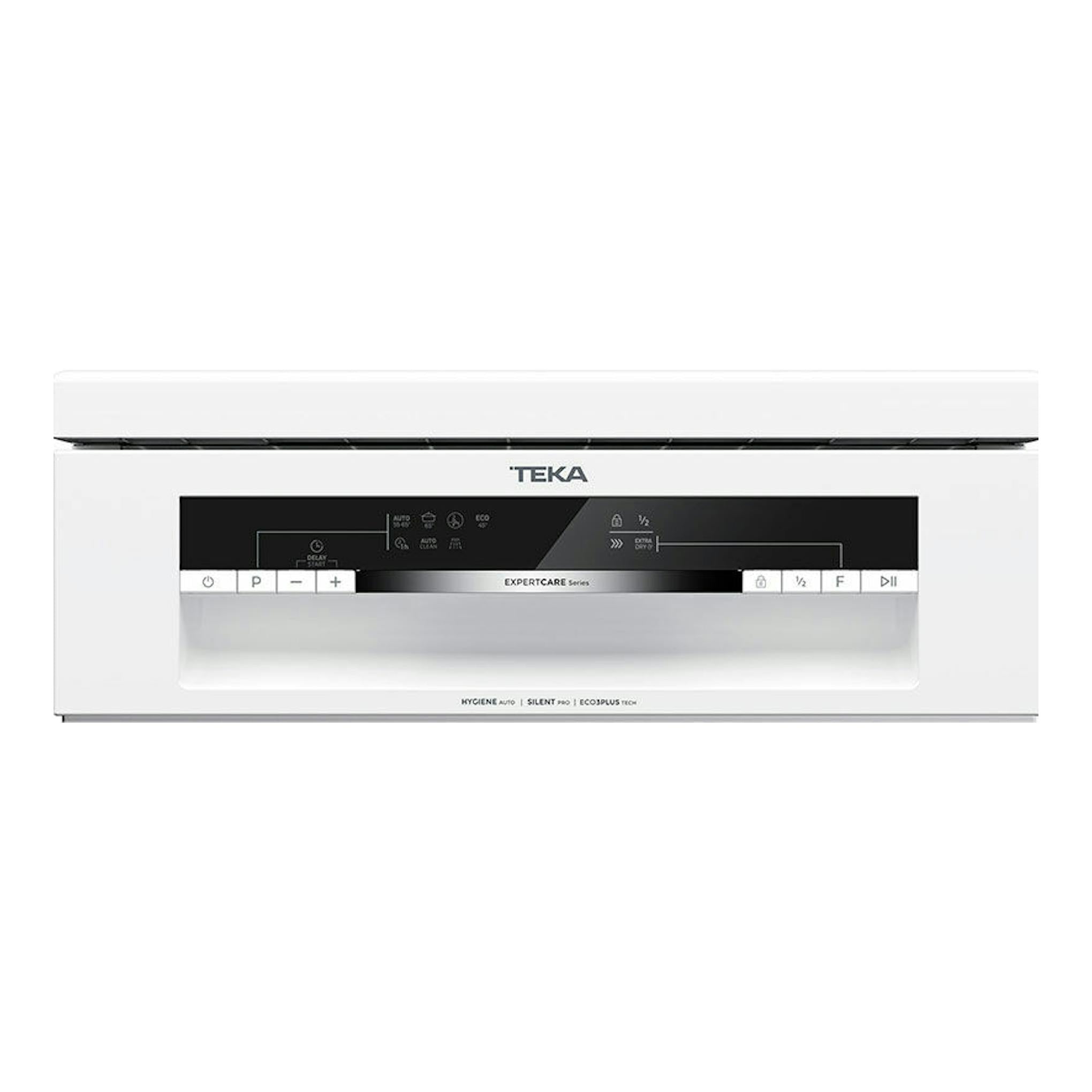 Lavavajillas Teka DFS44750 blanco de 45 cm, vista frontal, con panel de control negro.