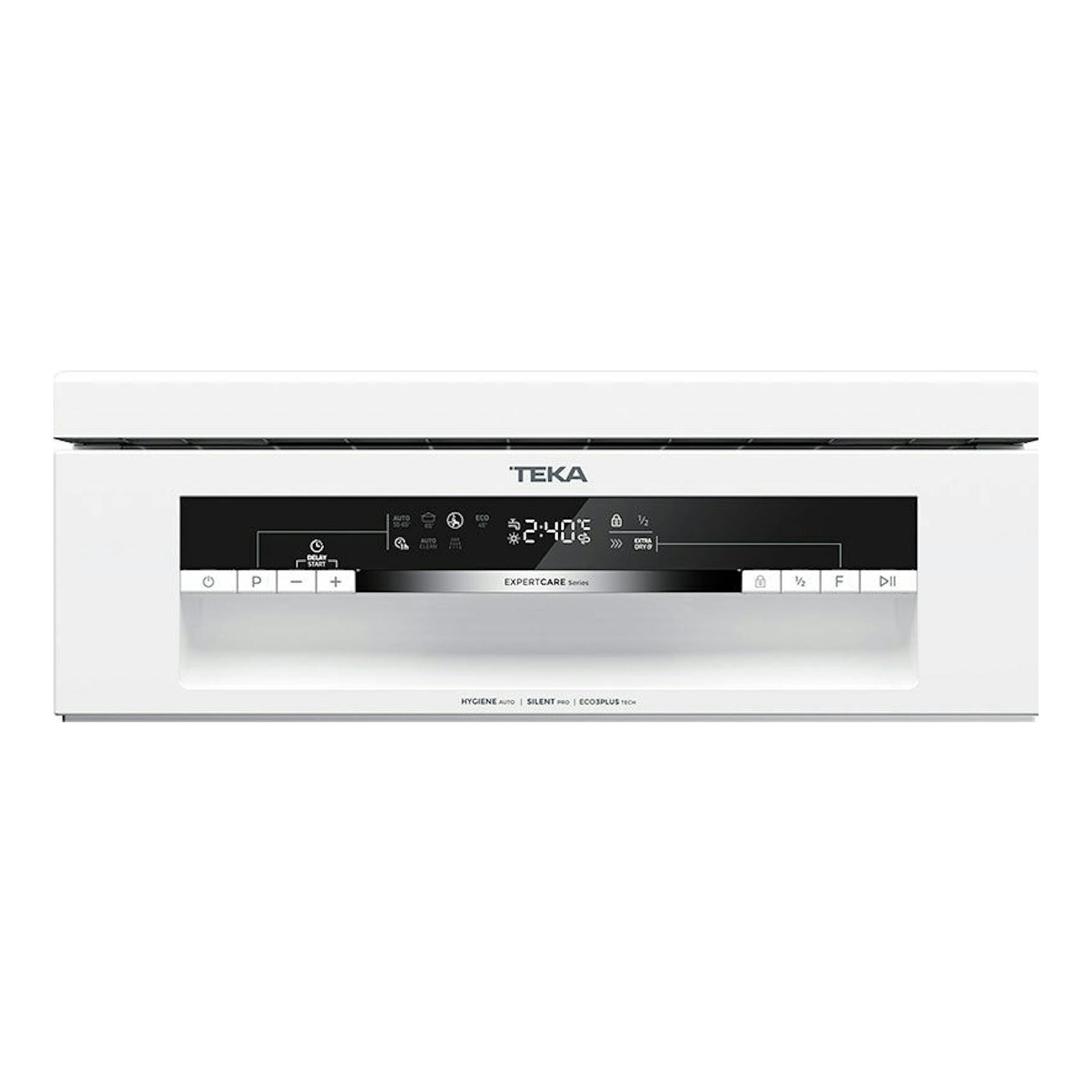 Lavavajillas Teka DFS44750 blanco, vista frontal, panel de control negro y puerta blanca.